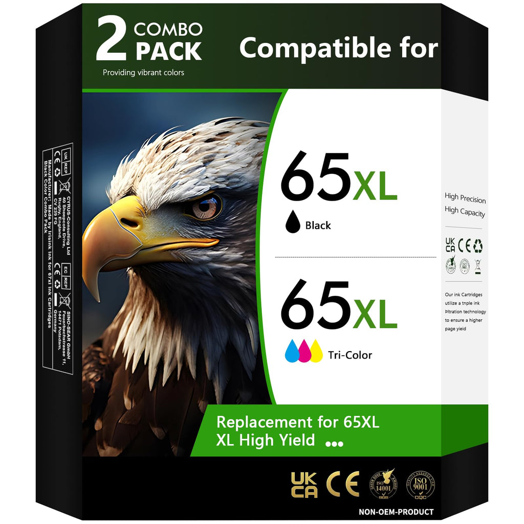 65XL Ink Cartridges Replacement for HP 65 Ink Cartridges (Black/Color) Work with DeskJet 3750 3752 3755 3758 2652 2655 Envy 5055 5052 Printer, 2-Pack