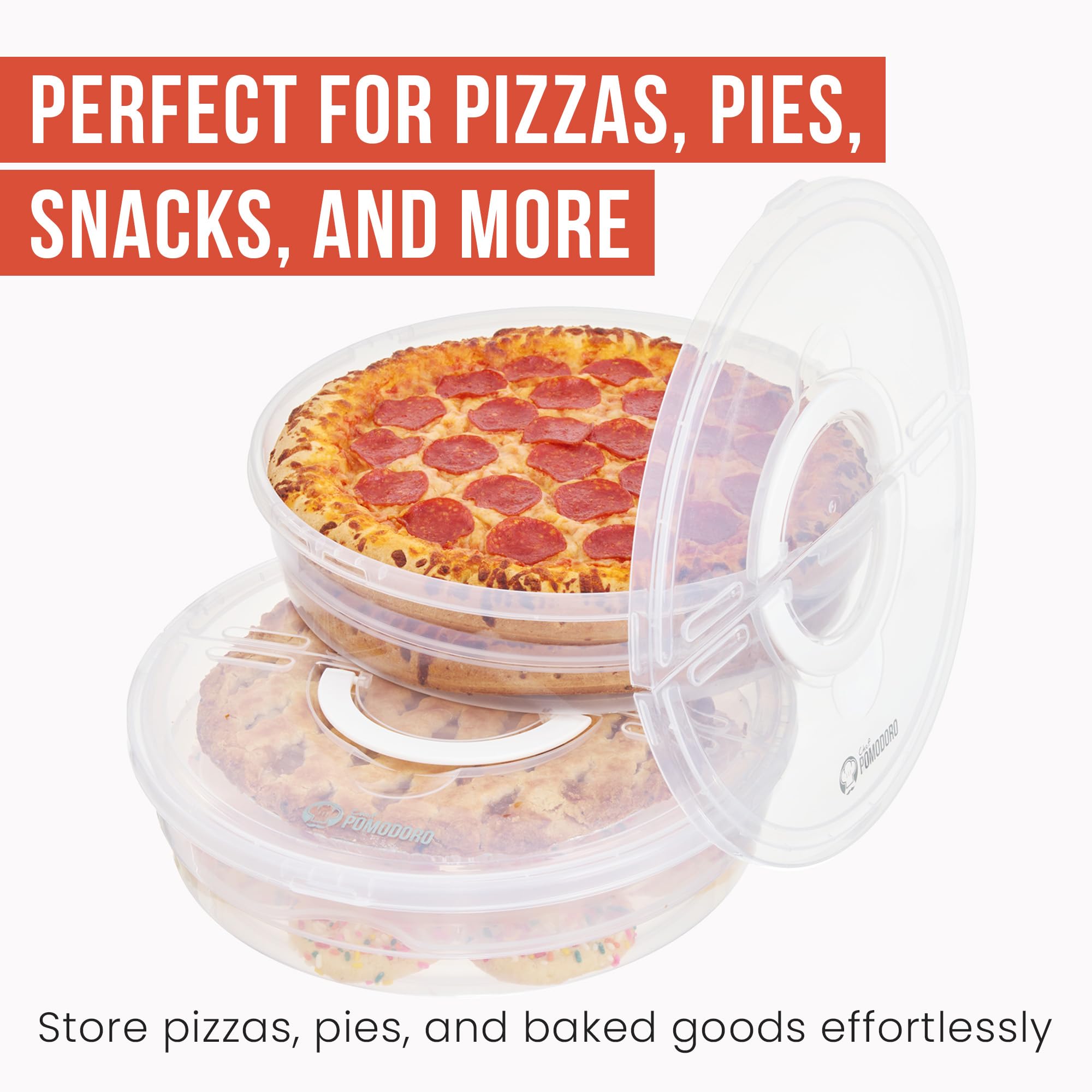 Chef Pomodoro Pie Carrier for 2 Pies 12-Inch, Multi Pie Carrier With Lid and Handle, Pizza Holder With Lid, Reusable Pizza Storage Container for Transport, Stackable Food Keeper, Dough Box, 2 Pack