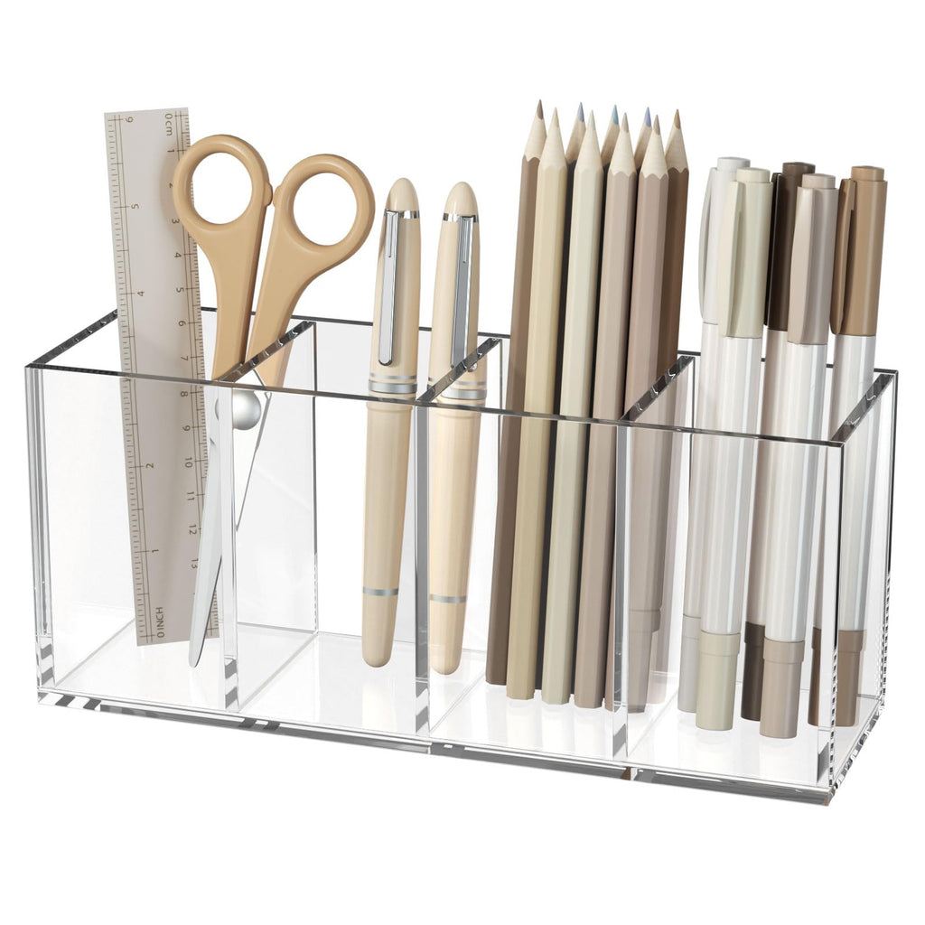 NIUBEE Acrylic Pen Holder 4 Compartments Clear Pencil Organizer for Countertop, Desk, Accessories Storage