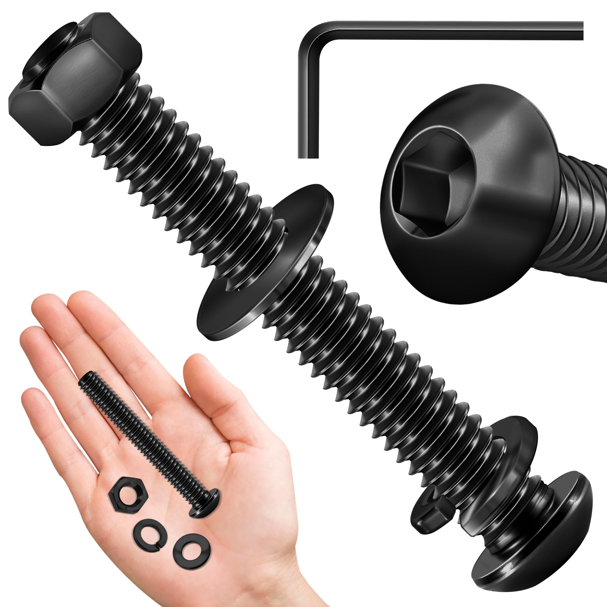 (20Sets) 1/4-20 Bolt x 2" Button Head Socket Cap Bolts Screws, Black Oxide 304 Stainless Steel Nuts and Bolts, 18-8 Allen Screws, Nuts and Bolts Assortment Kit, Fully Threaded Hex Spanner by Mywish
