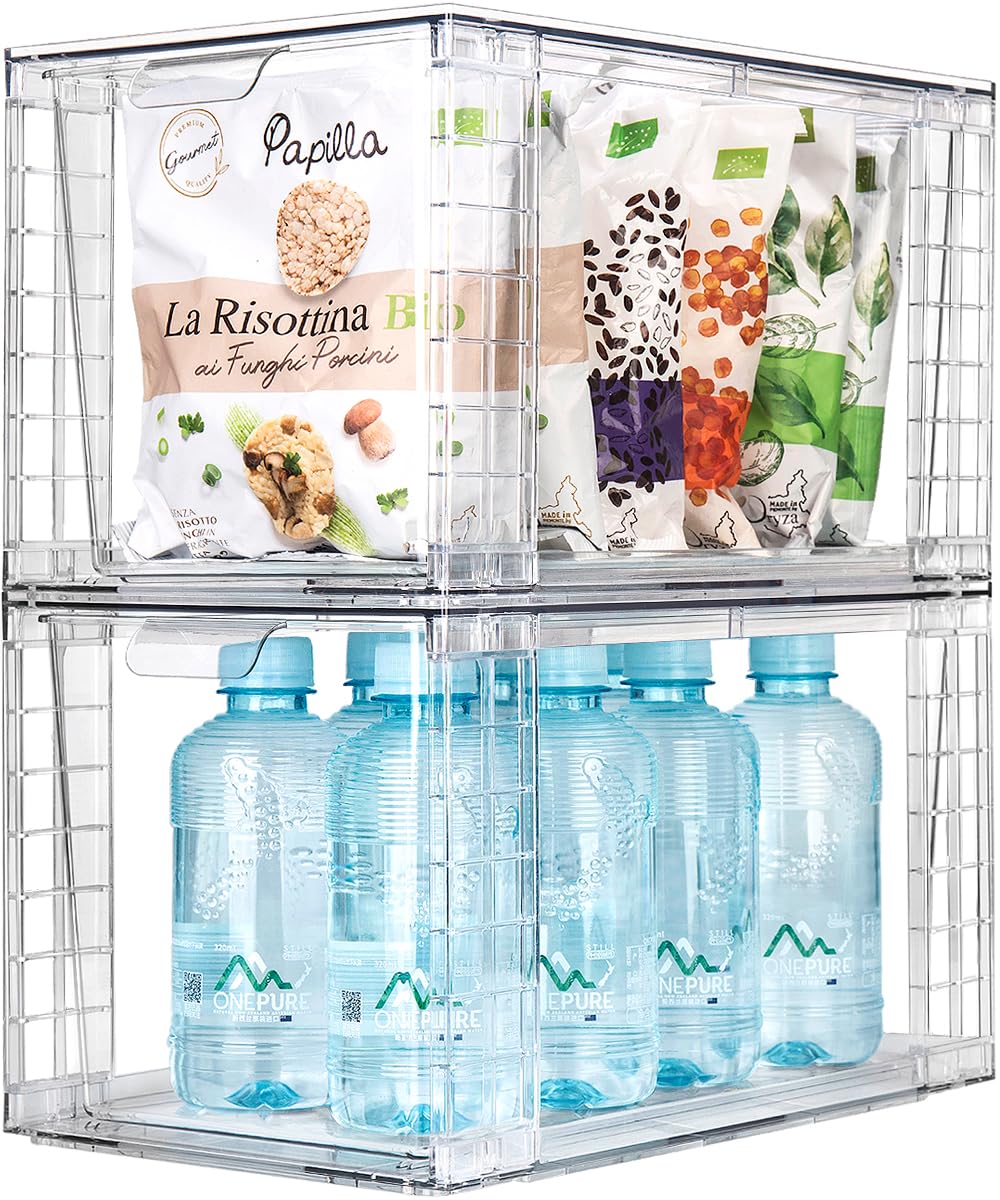 Zero Zoo 2Pack Large Stackable Kitchen Storage Drawers, Clear Foods Organizer Bins with Handles, Easily Assemble for Bathroom, Kitchen, Pantry, Cabinet, Closet (Down Handled)