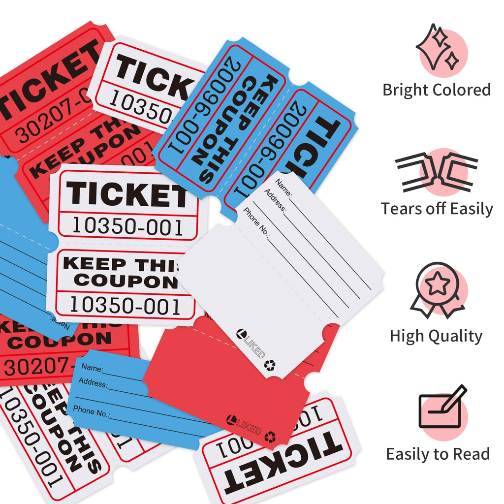 L LIKED Raffle Tickets with Consecutive Serial Numbers, 3 Rolls of 1000, 50/50 Raffle Tickets Double Roll for Events, Entry, Class Reward & Prizes (Red+Blue+White)