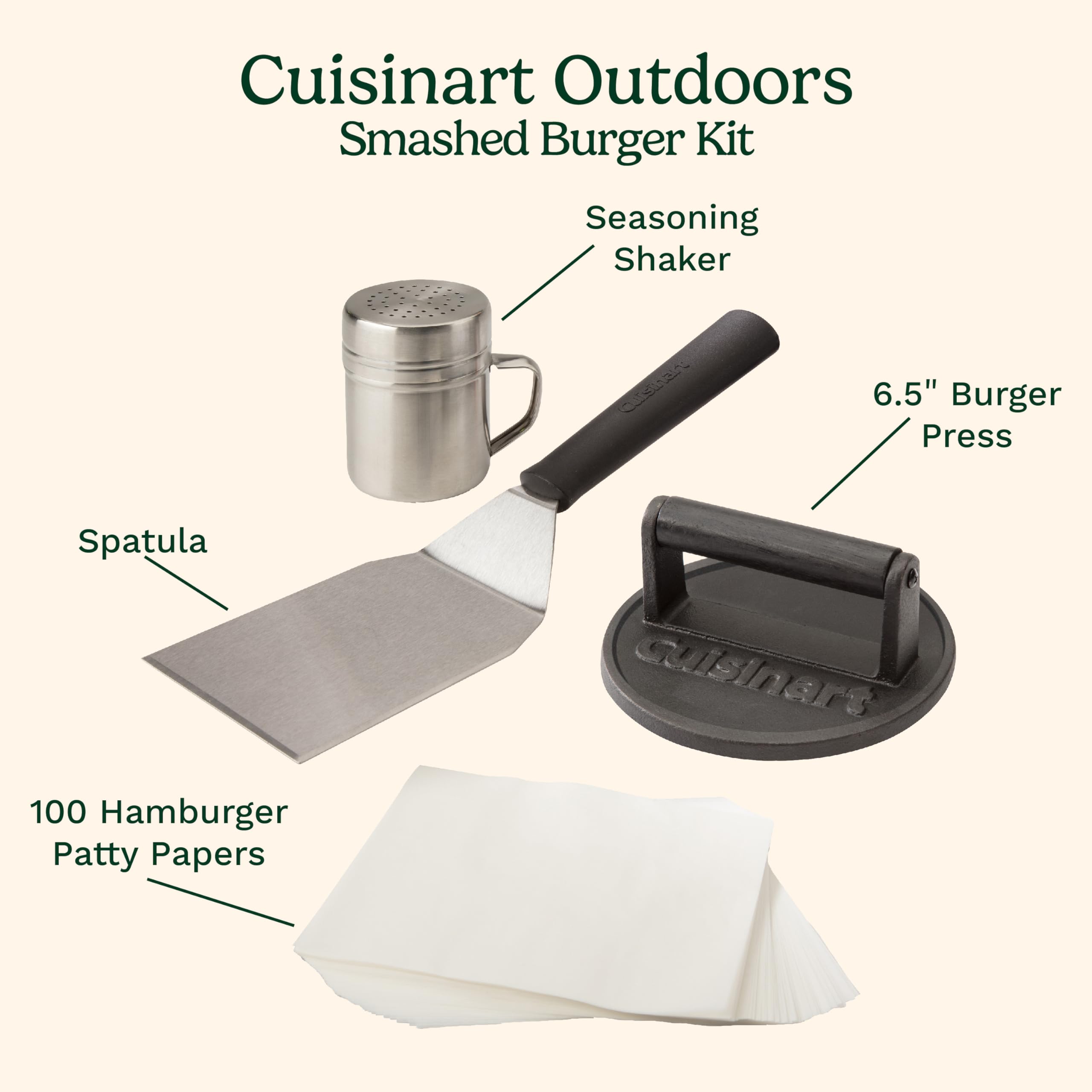 Cuisinart Smash Burger Kit with Cast Iron Burger Press, Spatula, Seasoning Shaker and Patty Papers (CSBK-400C)