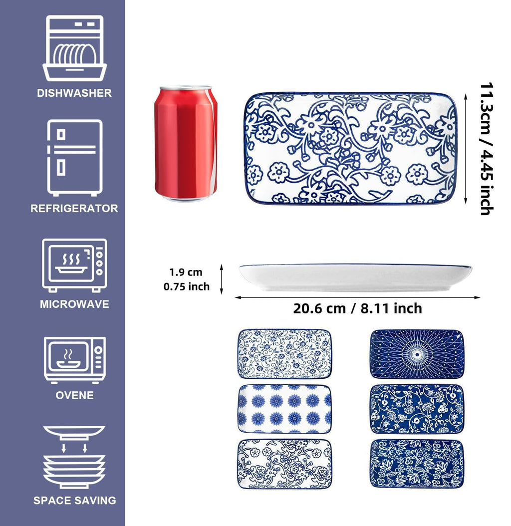 Cerkik Ceramic Rectangle Salad Plates Set - 8.1" x 4.5" Rectangular Serving Platter - Serving Trays for Sushi Dinner Dessert Pasta Appetizer - Oven Microwave Dishwasher Safe - Set of 6 - Vintage Blue