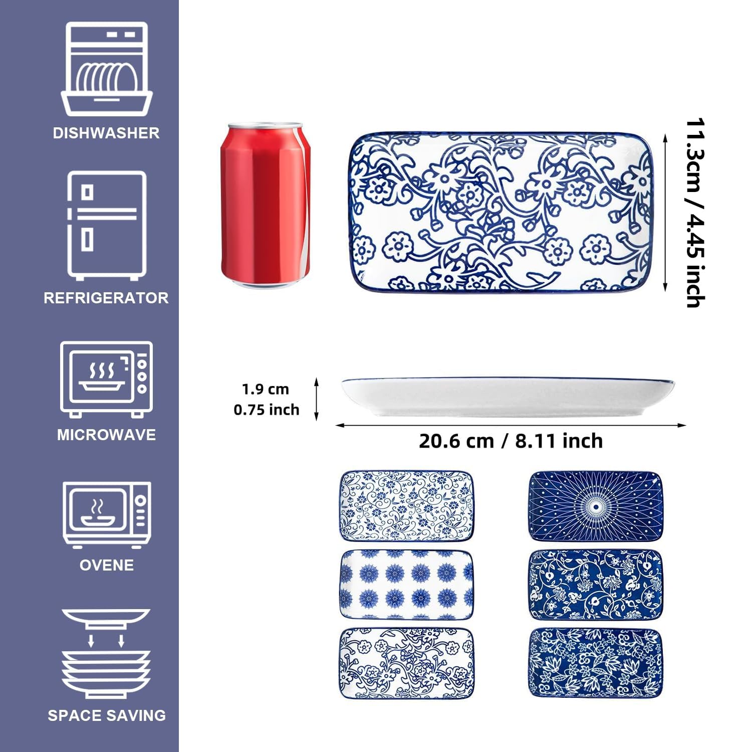 Cerkik Ceramic Rectangle Salad Plates Set - 8.1" x 4.5" Rectangular Serving Platter - Serving Trays for Sushi Dinner Dessert Pasta Appetizer - Oven Microwave Dishwasher Safe - Set of 6 - Vintage Blue