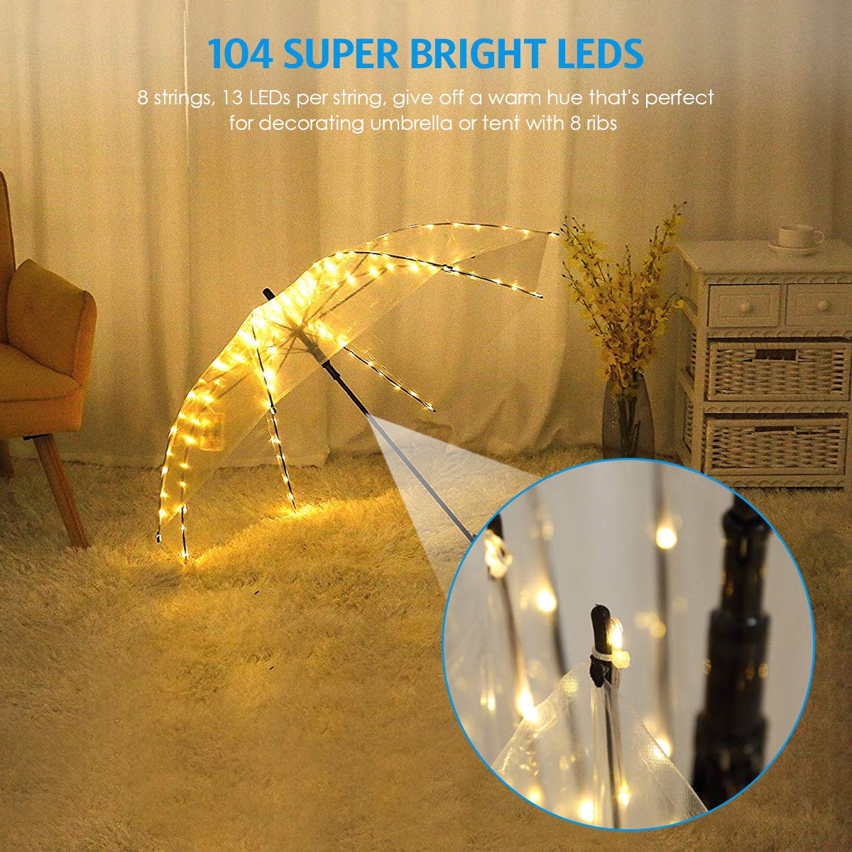 AMIR Patio Umbrella Lights, 104 LED String Lights with Remote Control, 8 Lighting Mode Umbrella Lights Battery Operated Outdoor Lighting for Patio Umbrellas Camping Tents or Outdoor