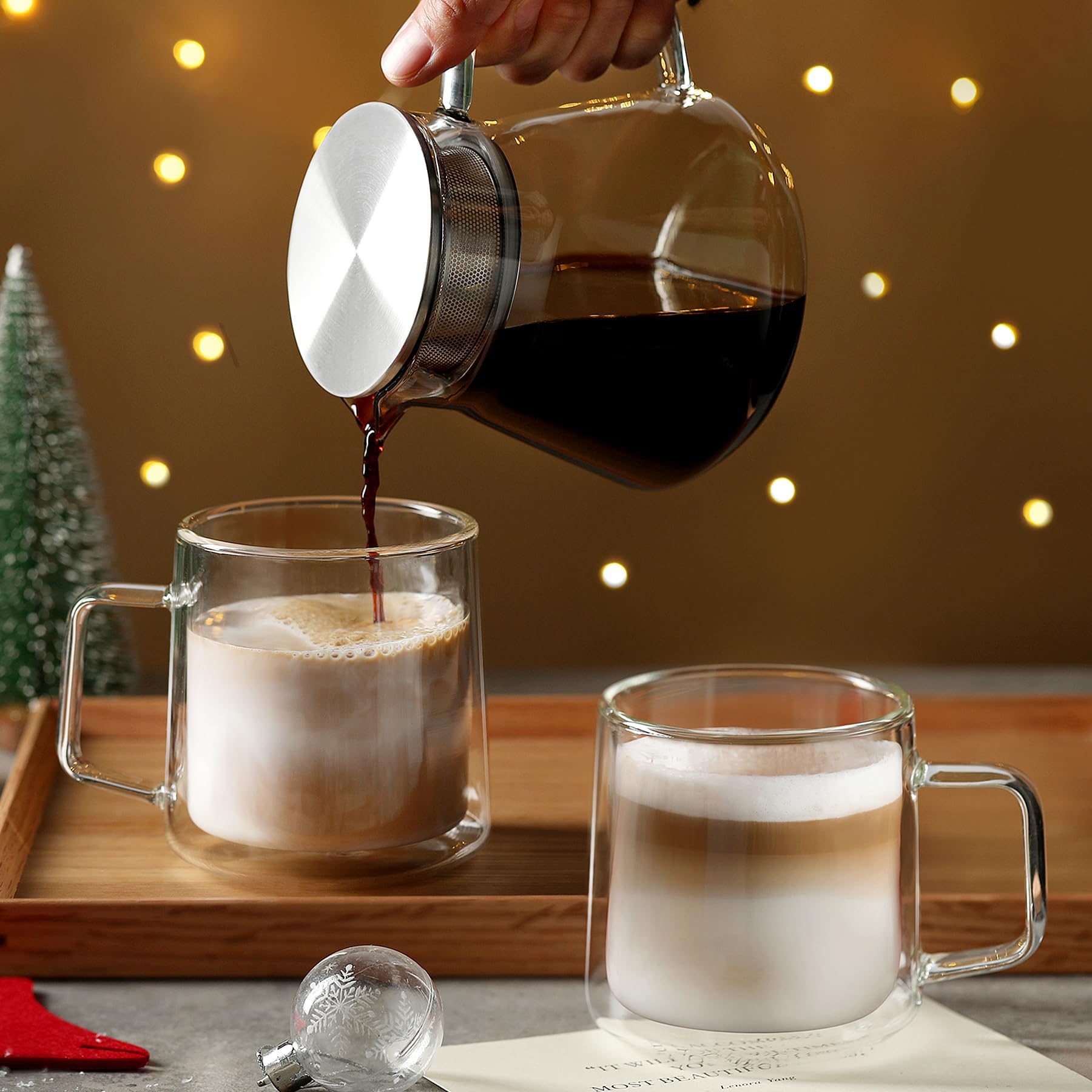 CNGLASS 10oz Glass Coffee Mugs,Double Wall Insulated Glass Cups with Handle,Clear Espresso Mugs for Latte,Cappuccino,Tea Bag,Set of 2