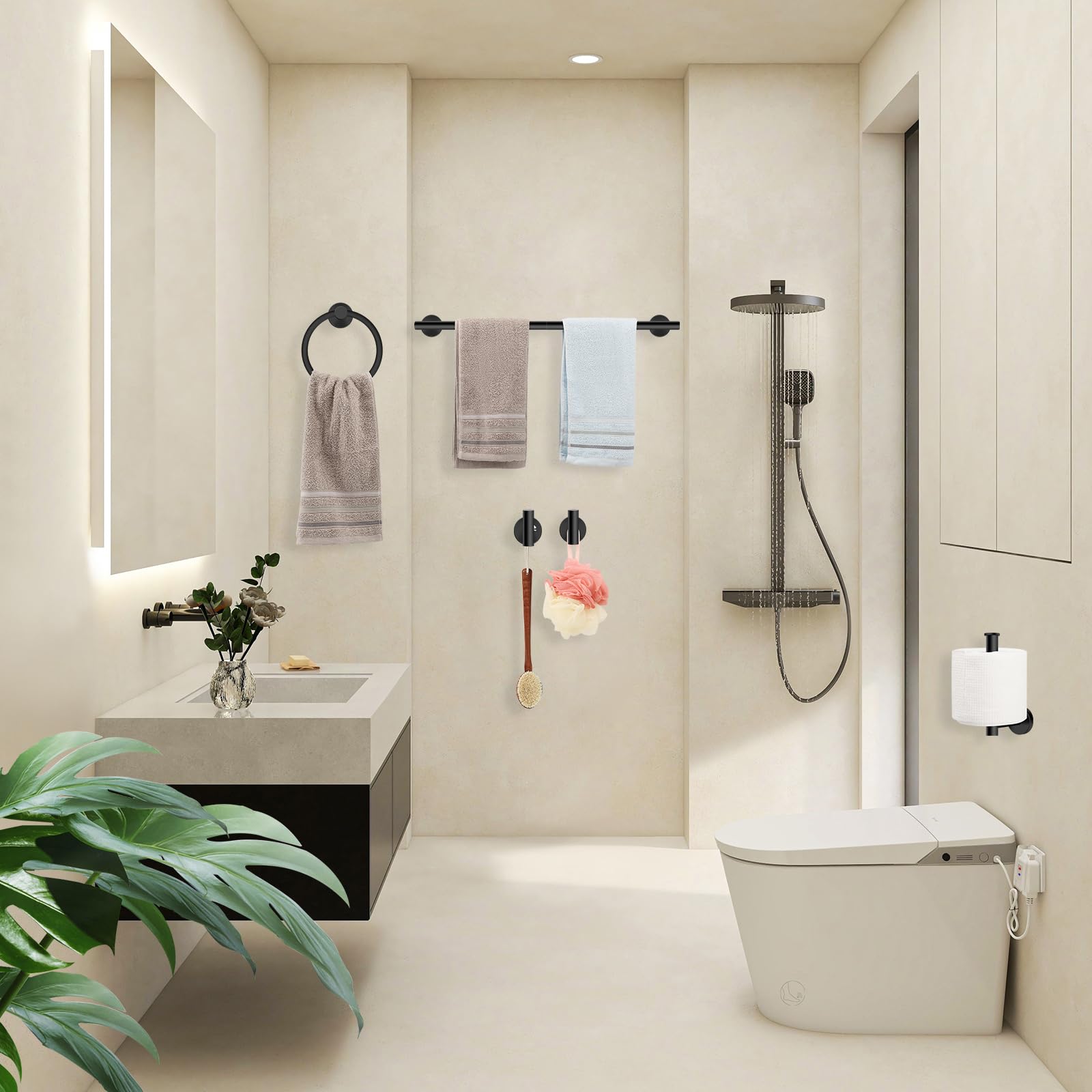Ntipox Matte Black Bathroom Hardware Set 5 Piece, Stainless Steel Towel Bar Set 24 Inch,Toilet Paper Holder,Towel Ring Holder,Towel Rack Set,Black Bathroom Accessories Kit