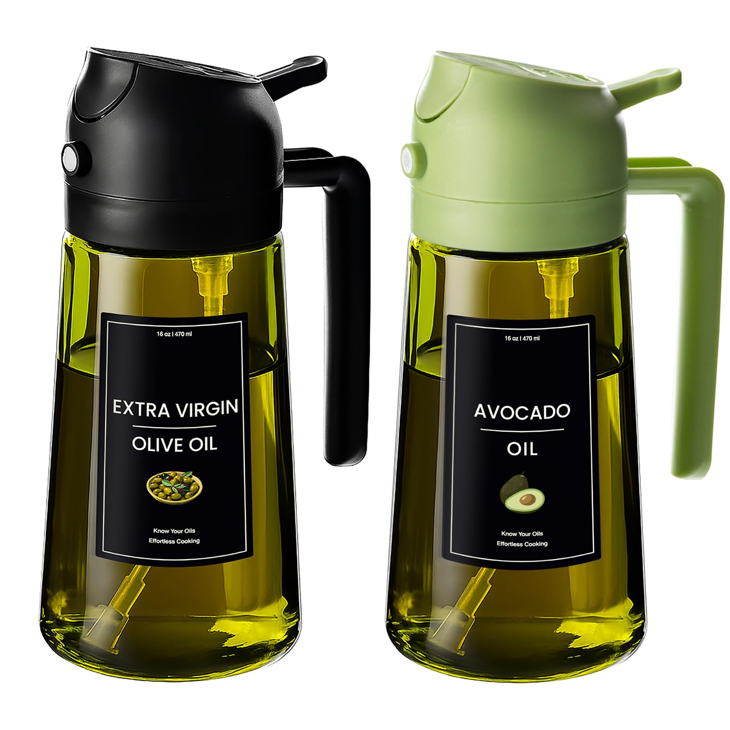 CXINYI 16oz/470ml Olive Oil Dispenser Bottle – 2 in 1 Olive Oil Spray Bottle, Air Fryer & Salad, Light-Proof Glass Kitchen Gadgets, Black&Green