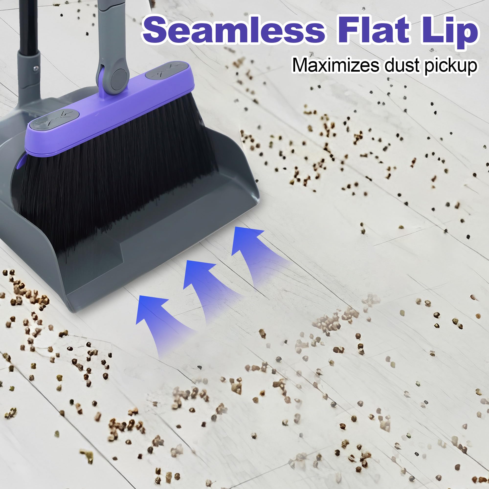 TRENNCHI Broom and Dustpan Set - 54" Long Handle 180° Swivel Broom with Vertical Dustpan Combing Teeth for Indoor Outdoor Cleaning