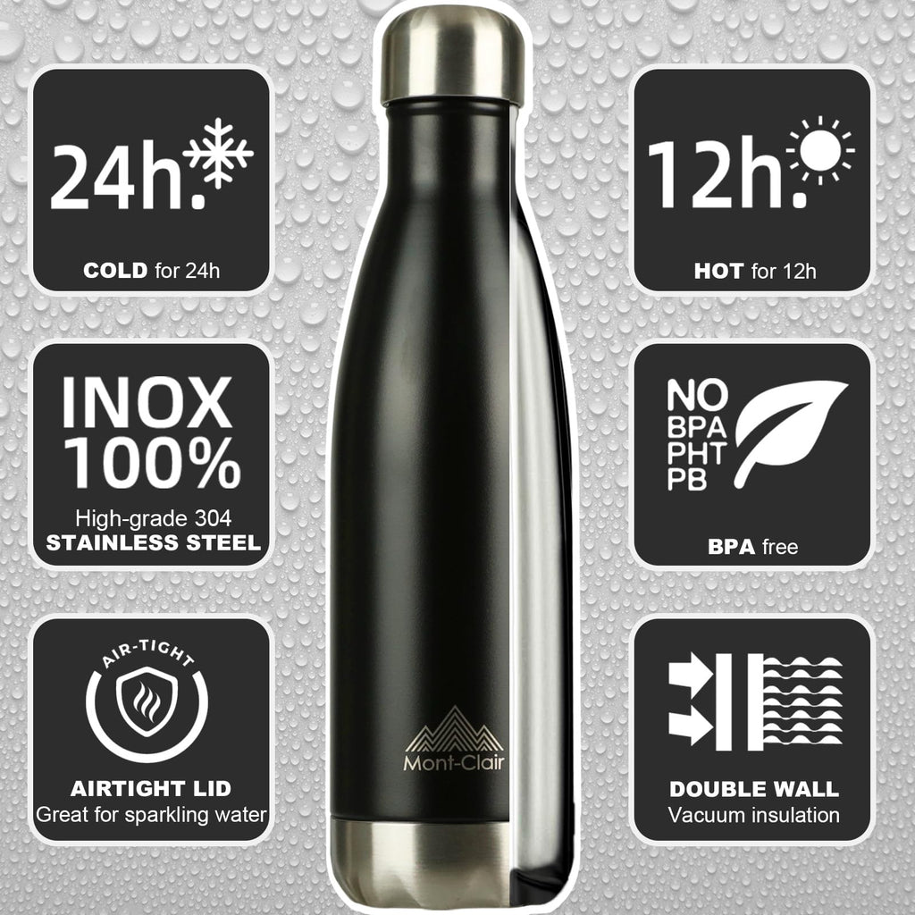 Mont-Clair H2O Stainless Steel Water Bottle, Vacuum Insulated - BPA Free, 12h Hot & 24h Cold Drinks Bottle, Metal, 1L Leakproof, Ideal for Adult, Kids, Running - Black