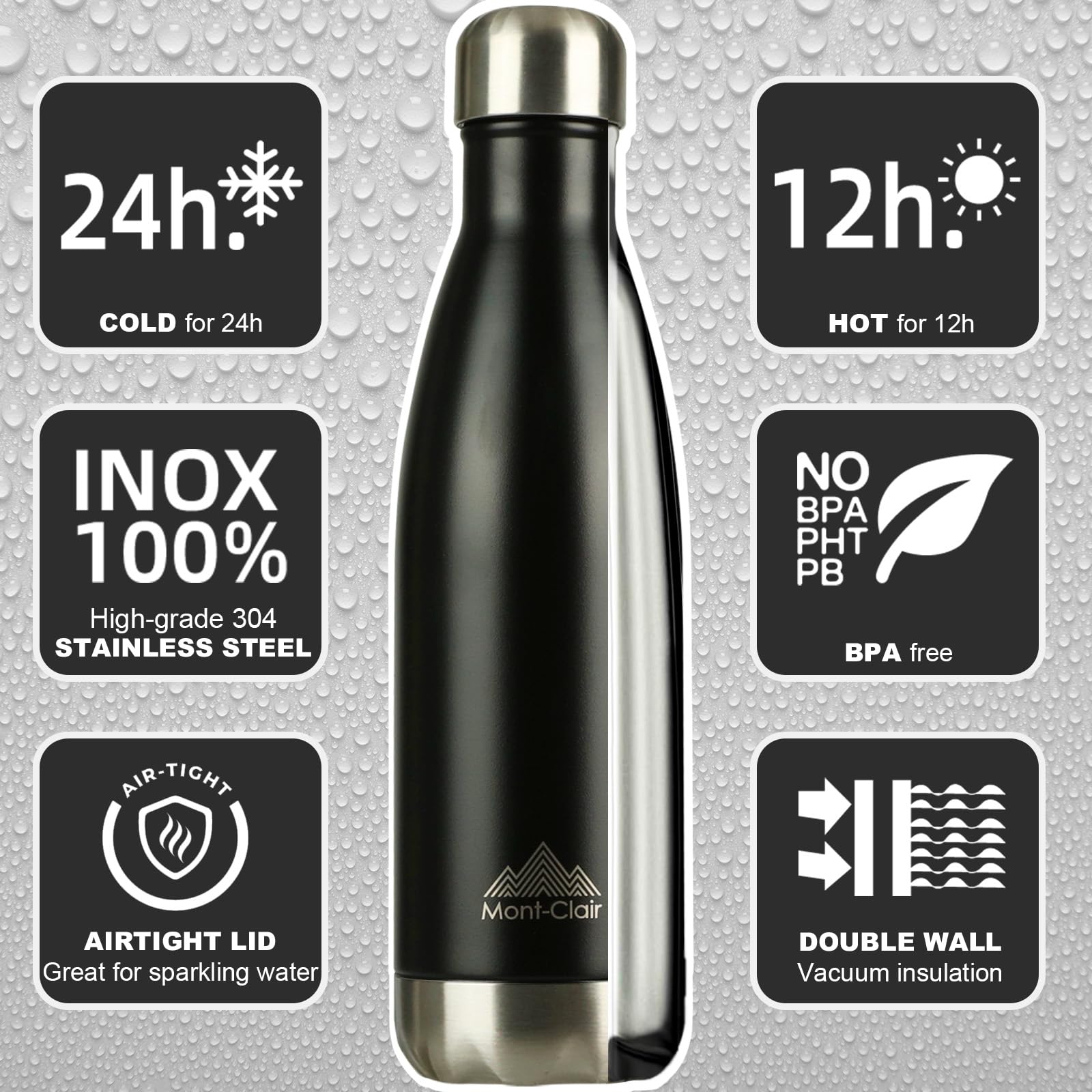 Mont-Clair H2O Stainless Steel Water Bottle, Vacuum Insulated - BPA Free, 12h Hot & 24h Cold Drinks Bottle, Metal, 1L Leakproof, Ideal for Adult, Kids, Running - Black