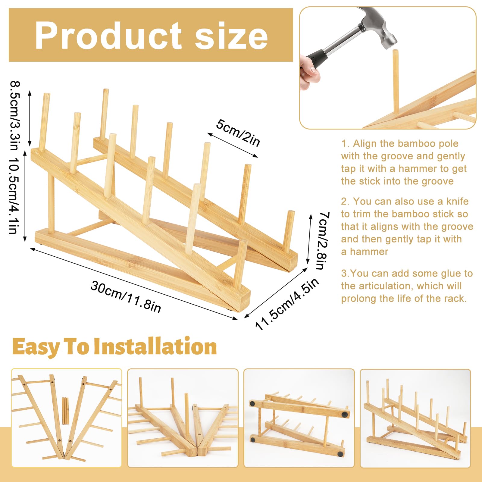 6 PCS Bamboo Dish Drying Rack Wooden Pot Lid Holder, SHAIDOJIO Plate Stand Drainer Kitchen Cabinet Organizer for Dish, Pot Lids, Bowls, Cups, Cutting Boards, Books (5 Slots)