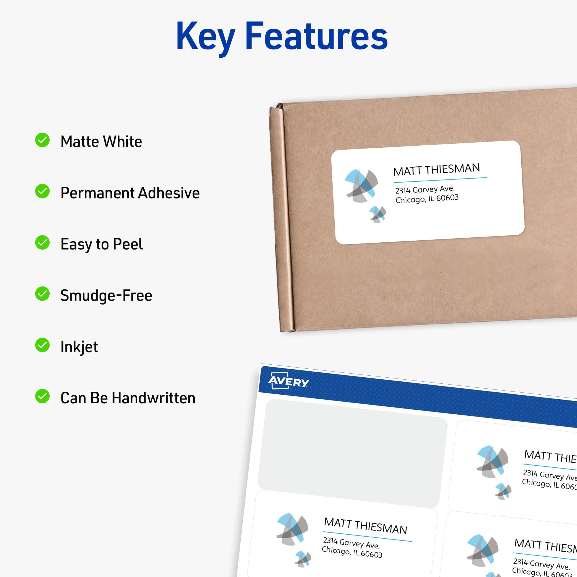 Avery Shipping Labels with TrueBlock Technology for Inkjet Printers, 2" x 4", White, Rectangle, 250 Labels, Permanent (8163) Made in Canada
