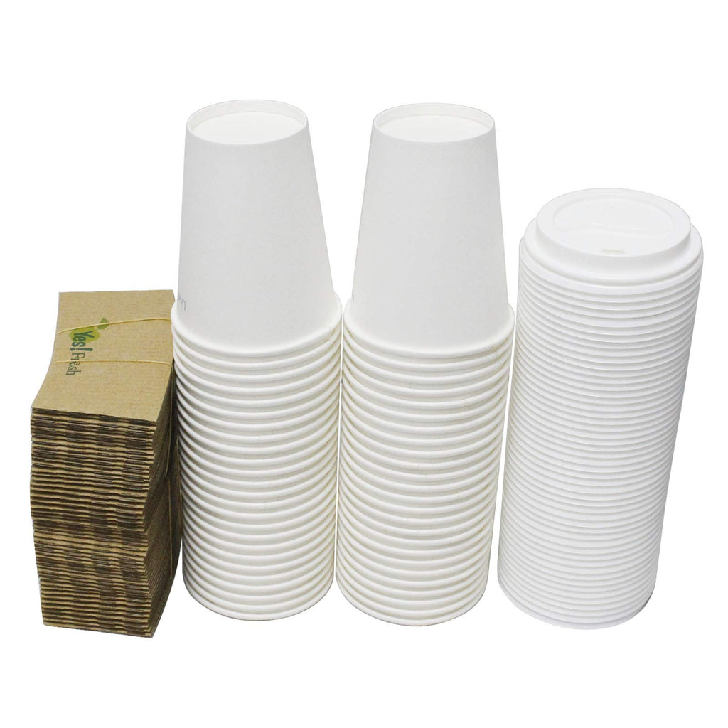 Durable White Paper Hot Coffee Cups with Cappuccino Lids and Protective Corrugated Cup Sleeves, Qty of 50 (White 12oz)