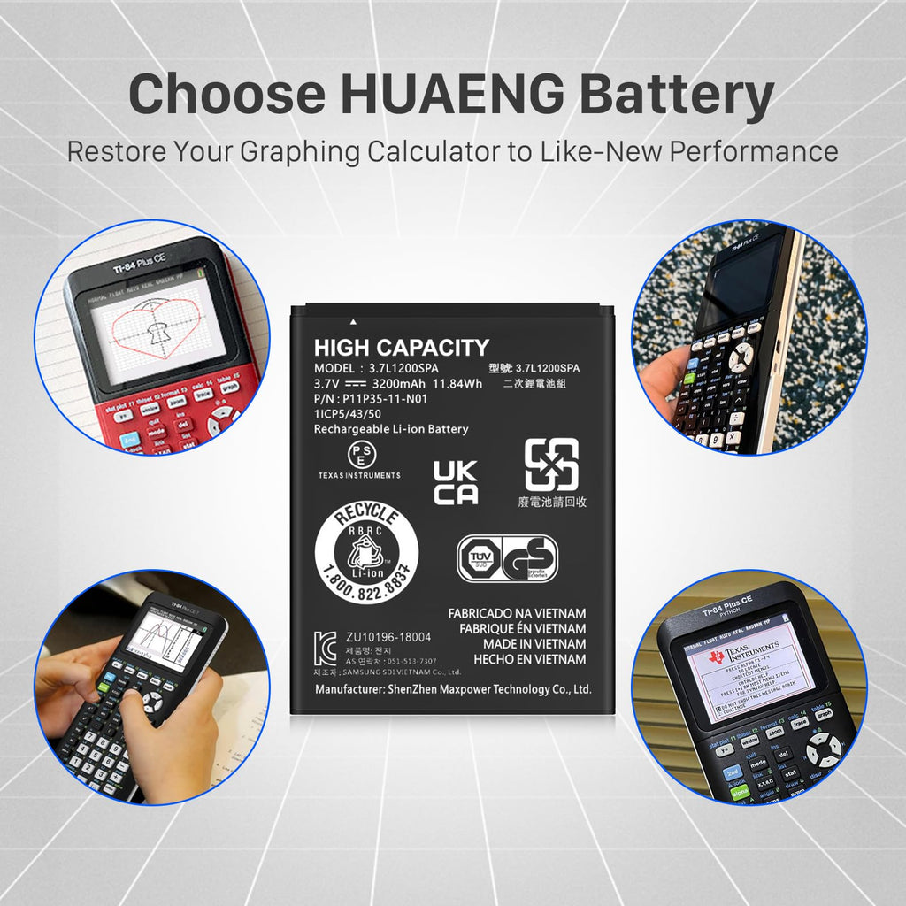HUAENG TI-84 Plus CE Battery, 3200mAh Replacement Battery for Texas TI-84 Plus CE, TI Nspire CX II, TI Nspire CX CAS II, Part No 3.7L1200SPA, New Upgraded P11P35-11-N01 Batteries