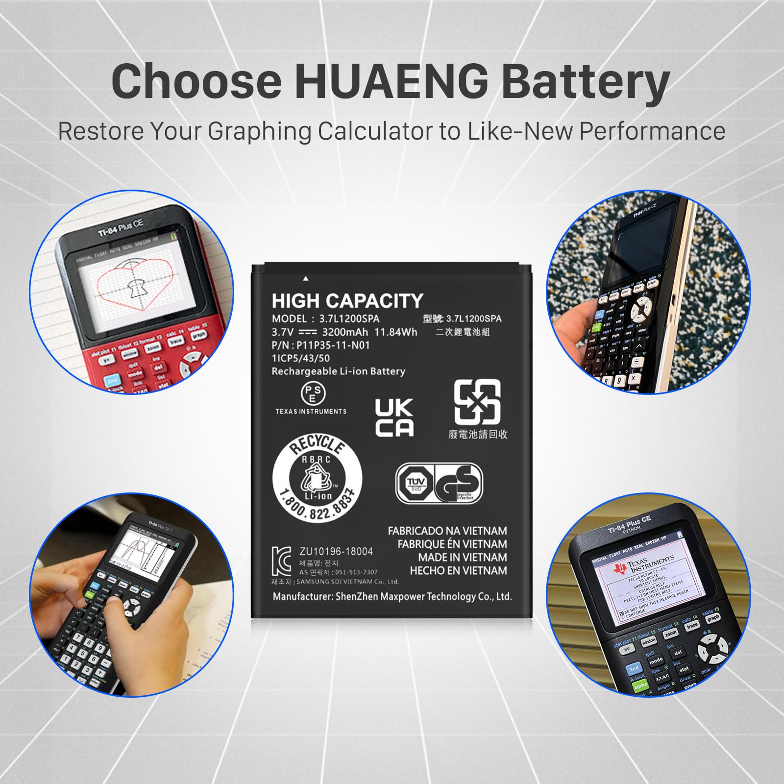 HUAENG TI-84 Plus CE Battery, 3200mAh Replacement Battery for Texas TI-84 Plus CE, TI Nspire CX II, TI Nspire CX CAS II, Part No 3.7L1200SPA, New Upgraded P11P35-11-N01 Batteries