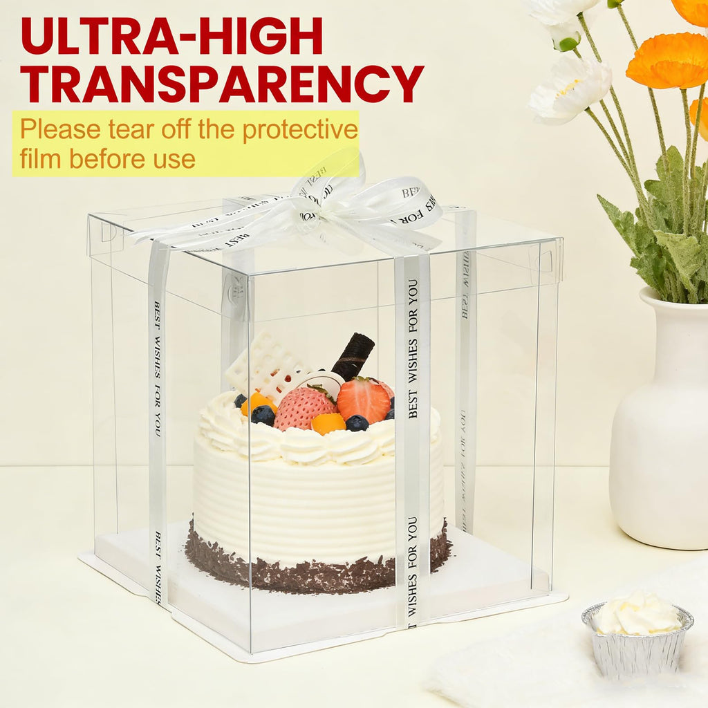 NROZIET 6 Pack Clear Cake Box, 2-Layer Transparent Cakes Box with Ribbon, 10" X 10" X 9" Tall Cake Carrier Boxes with Sturdy Board for Bakery Dessert Bread Pastry Birthday Parties, Wedding Graduation