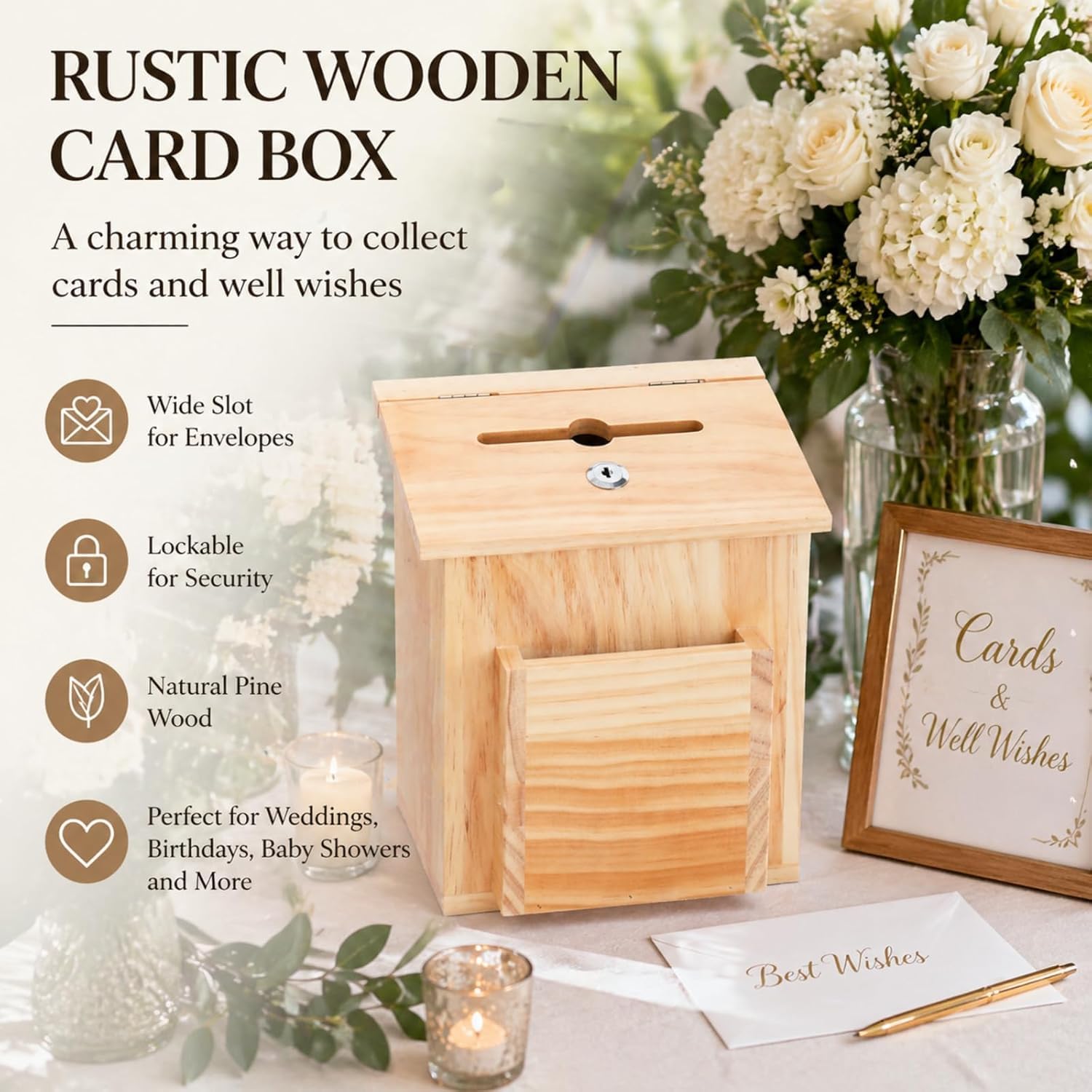 ZENFUN Wooden Suggestion Box with 50 Free Suggestion Cards, Natural Pinewood Ballot Comment Container Donation Box with Locking Hinged Lid for Countertop or Wall Mounted, 8.6" x 6.8" x 10"