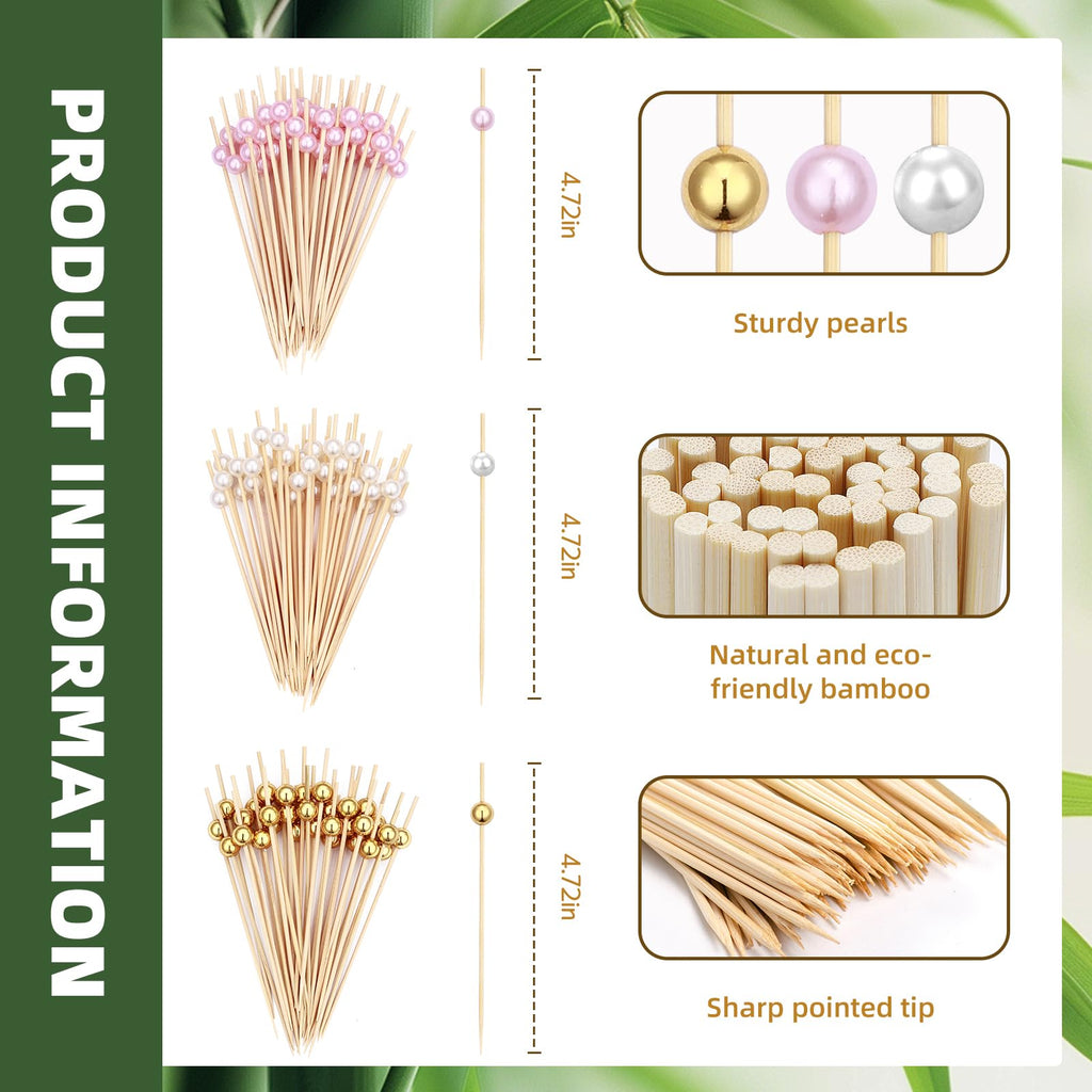 600Pcs Cocktail Picks Toothpicks for Appetizers 4.7" Fancy Gold and Pink Ball Bamboo Skewers Wood Food Sticks Decor for Party Fruit Drinks Sandwich Wooden Charcuterie Boards Accessories
