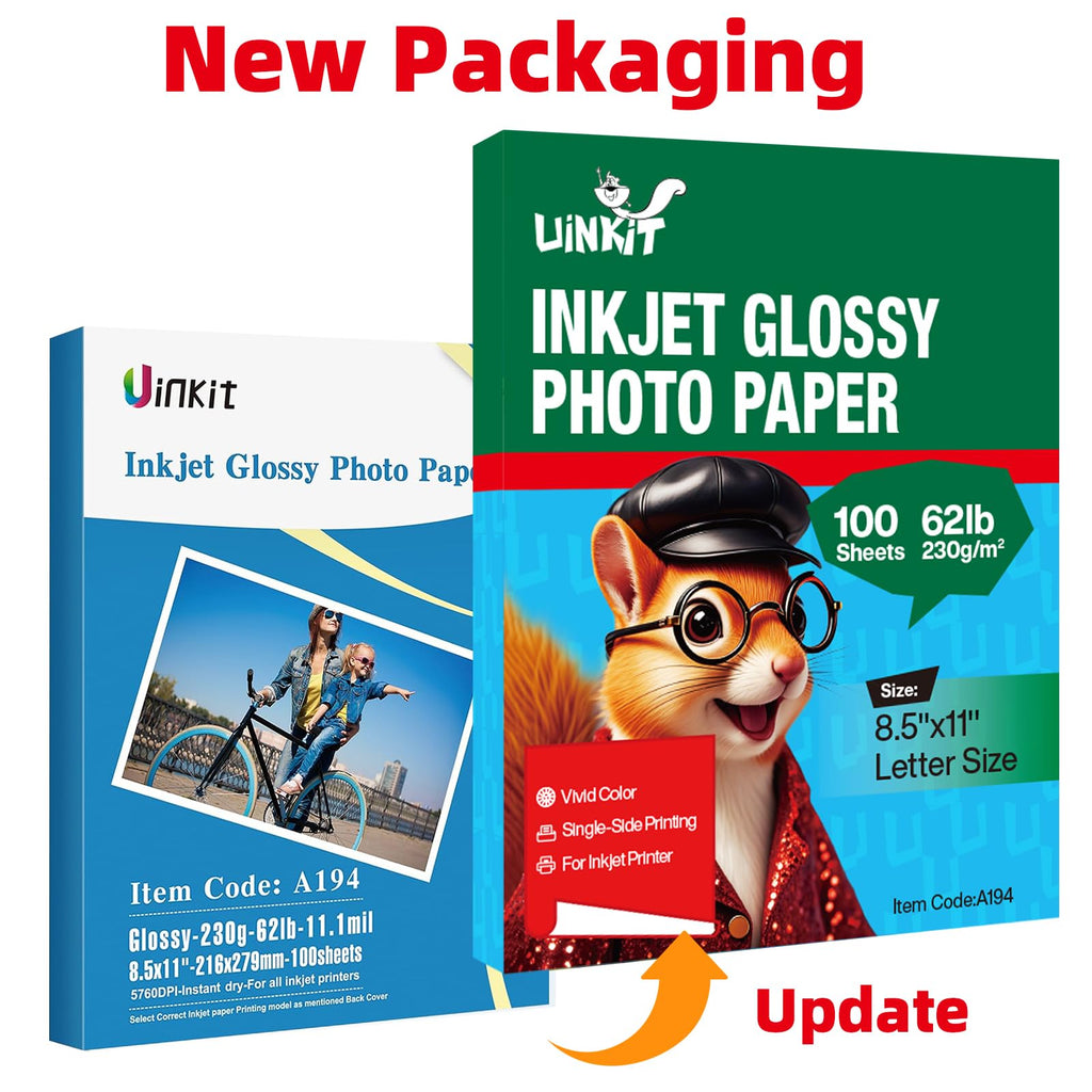 Uinkit 100 Sheets Thick Glossy Photo Paper Inkjet 8.5x11 Heavyweight 62lb 230gsm 11.1mil Cardstock Postcard for Dye Ink Printer A194