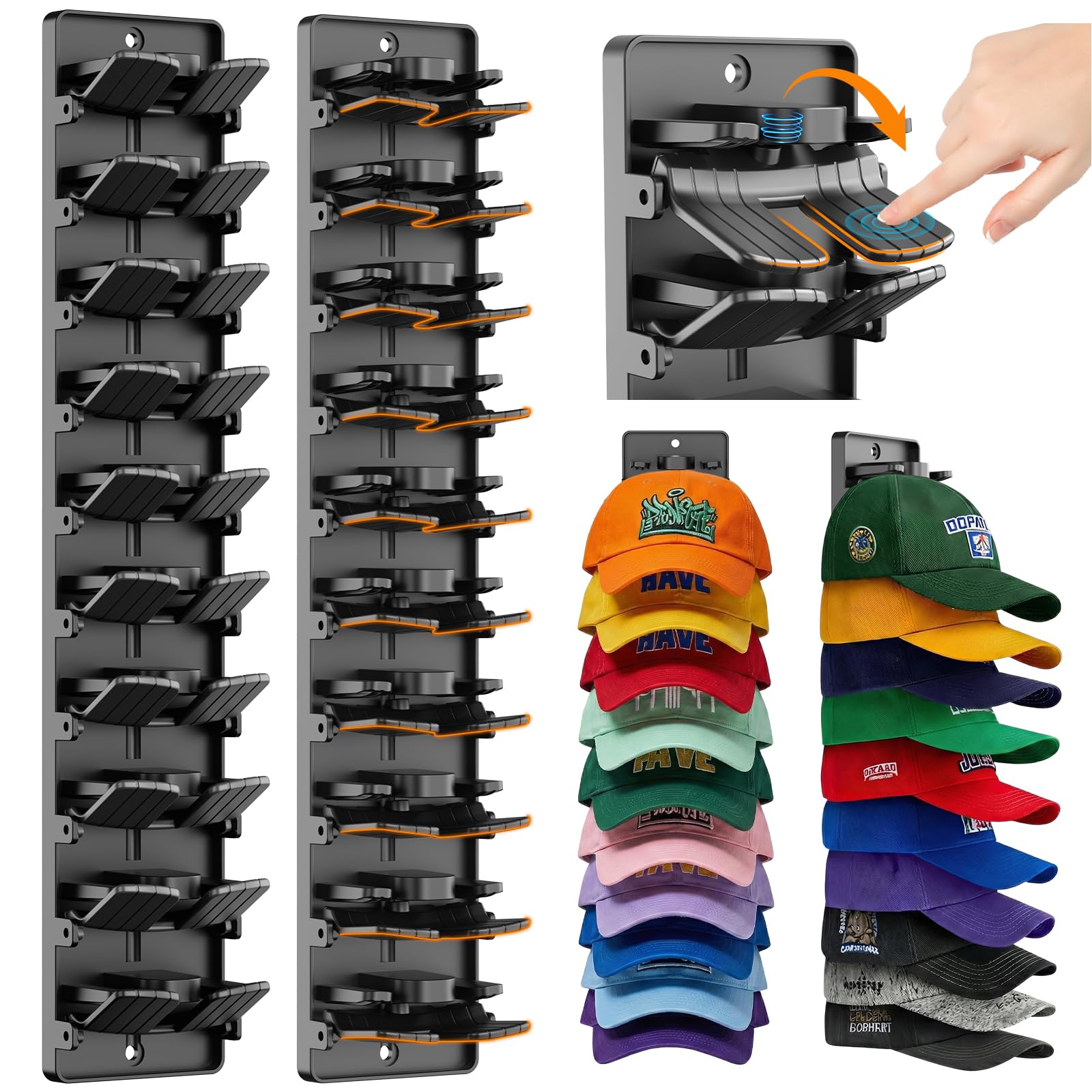 2 Pack Spring Clips Hat Organizer for Baseball Caps – Holds Up to 20 Hats Total (10 per Hook), Hat Rack for Wall Closet Door Entryway and Bedroom, Adhesive or Screw Installation (Black)