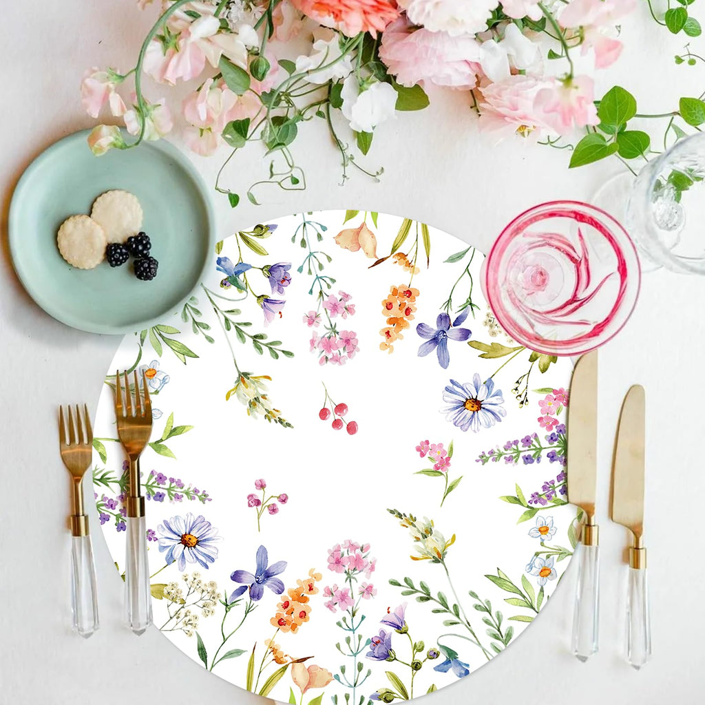 Paper Placemats Disposable 50 Pack Spring Flowers Place Mats 13.4 Inch Round Decorative Wildflower Table Mats for Spring Birthday Bridal Wedding Party Supplies