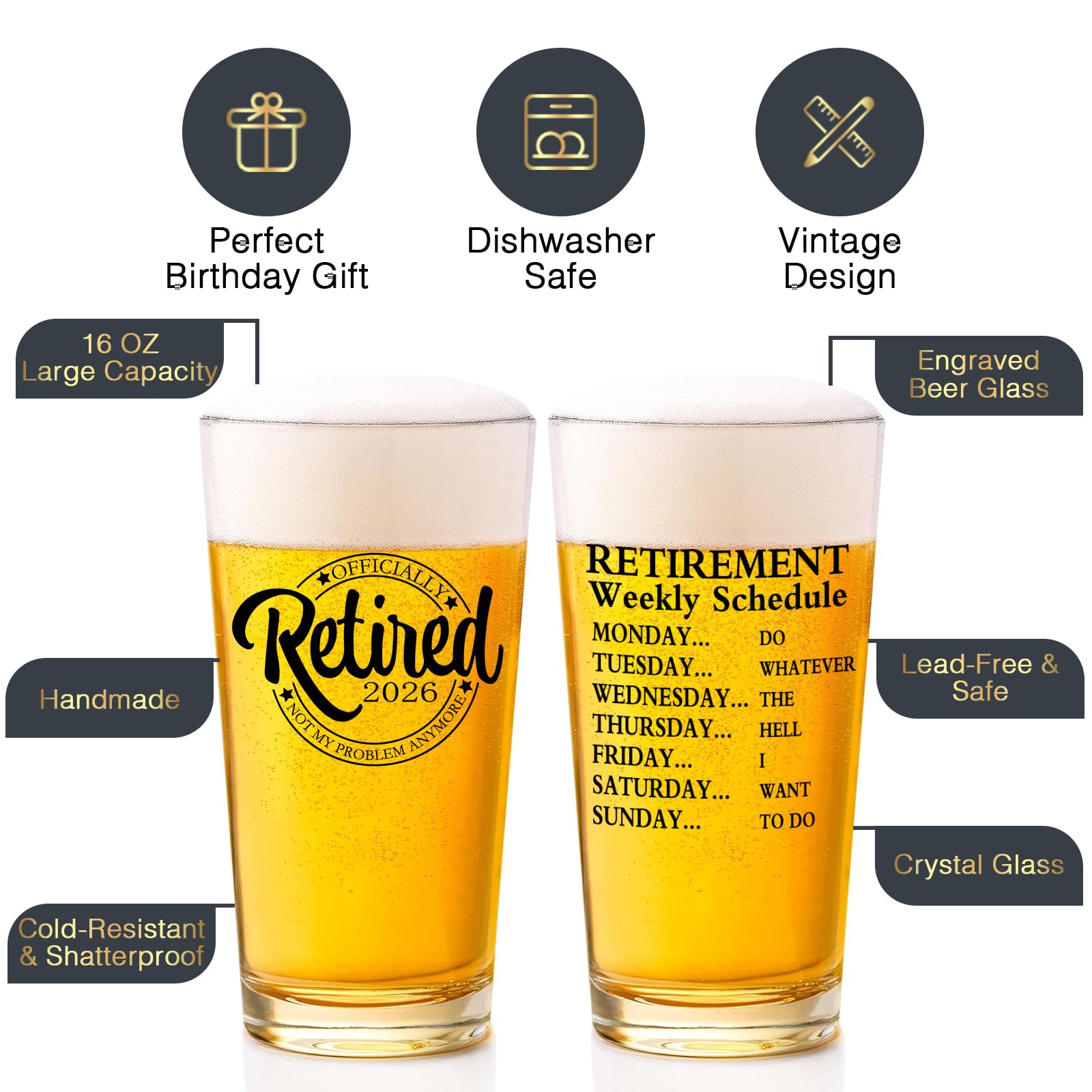 Retirement Gifts for Men 2026 - Retirement Beer Glass with Stone Coasters, Bottle Opener, Funny Beer Glass Unique Gift For Dad, Grandpa, Friends, Family