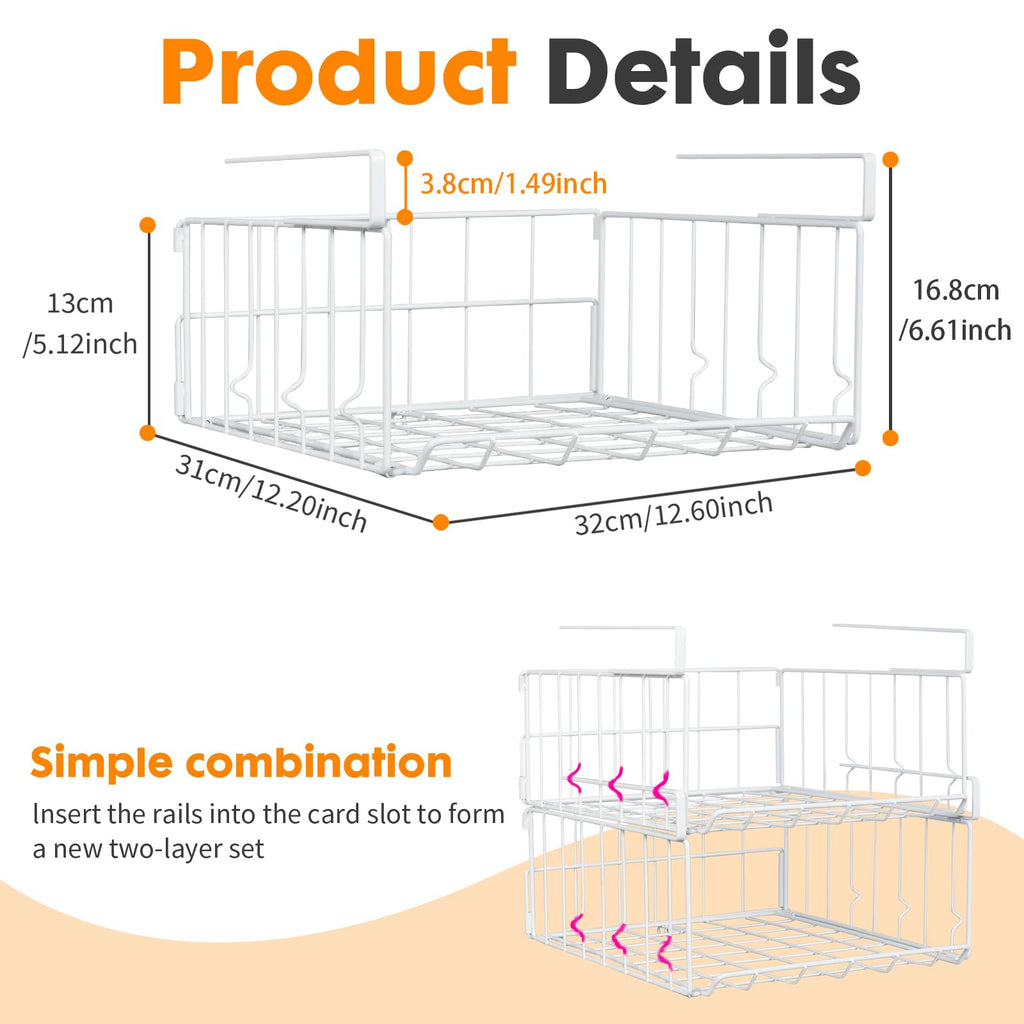 Under Shelf Storage Baskets, Foldable Metal Under Cabinet Basket Wire Rack Storage Shelf for Kitchen Cabinets Pantries Bookshelves Desk, Space-Saving Home and Office Storage Solution (White, 2 Pack)