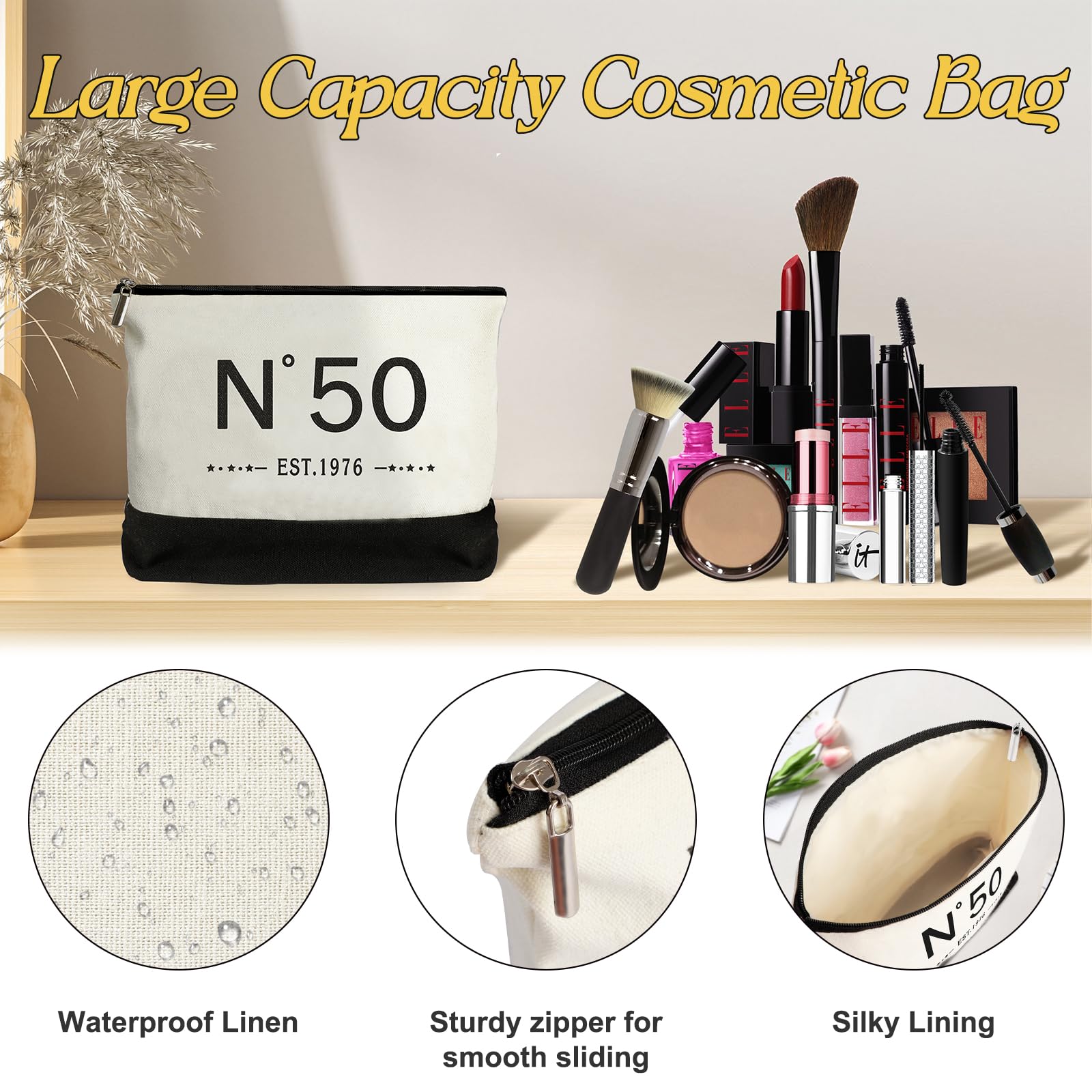 50th Birthday Gifts for Girls Canvas Tote Bag, Unique 50 Years Old Gifts for Mom Wife Aunt Friends Sister Her, EST.1976 Birthday Handbag & Cosmetic Bag & Back in 1976 Poster
