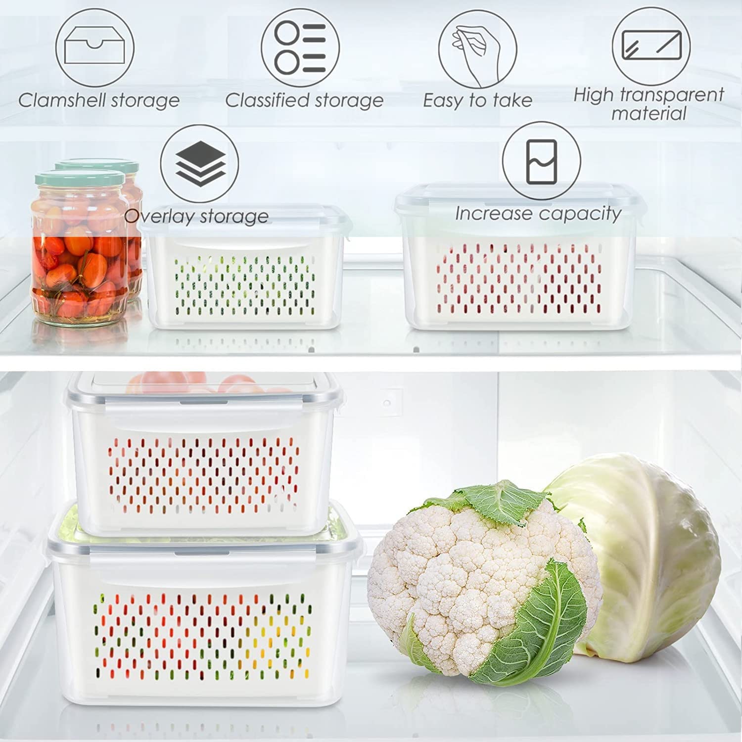 Fresh Food Storage Containers, 4 Pack Large Capacity Produce Saver Box with Drain Baskets & Lid for Vegetable and Fruit - BPA Free Stackable Refrigerator Organizer for Kitchen (0.8L+1.7L+3.15L+4.15L)