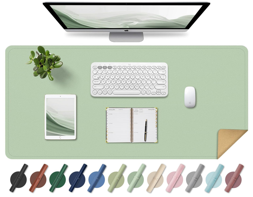 Non Slip Desk Mat, 31.5" x 15.7" PU Leather Desk Pad, Cork Desk Mat for Desktop, Desk Pad for Keyboard and Mouse, Ideal for Office and Home, Light Green