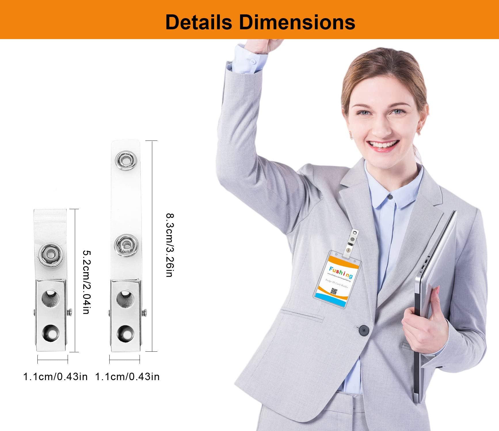 Fushing 150Pcs Metal Badge Clips with Clear PVC Straps for ID Cards and Badge Holders