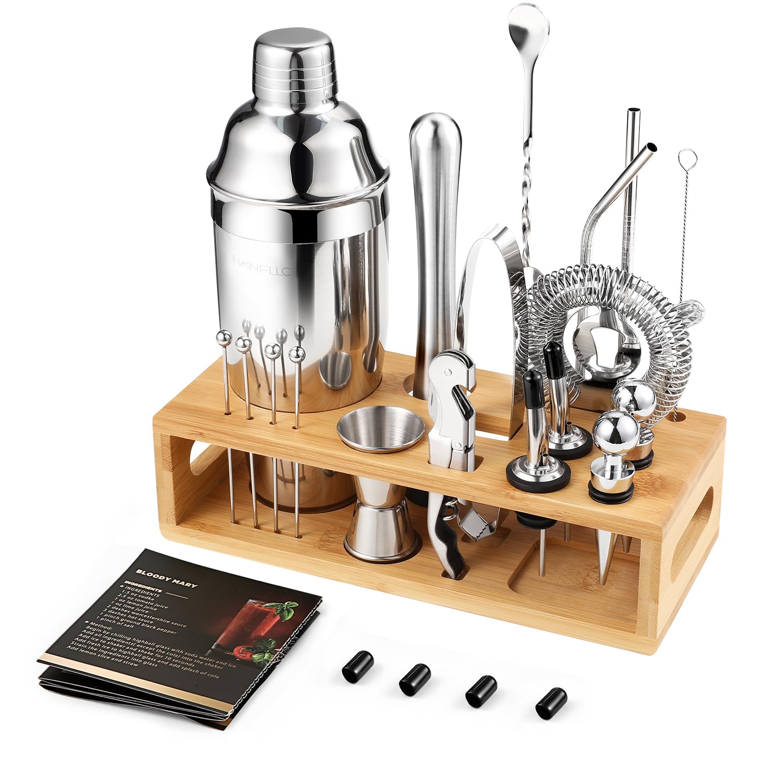 Mixology Bartender Kit Bar Set with Bamboo Stand, 28pcs 24oz Cocktail Shaker Set Cocktail Kit, Professional Stainless Steel Bar Tool Set
