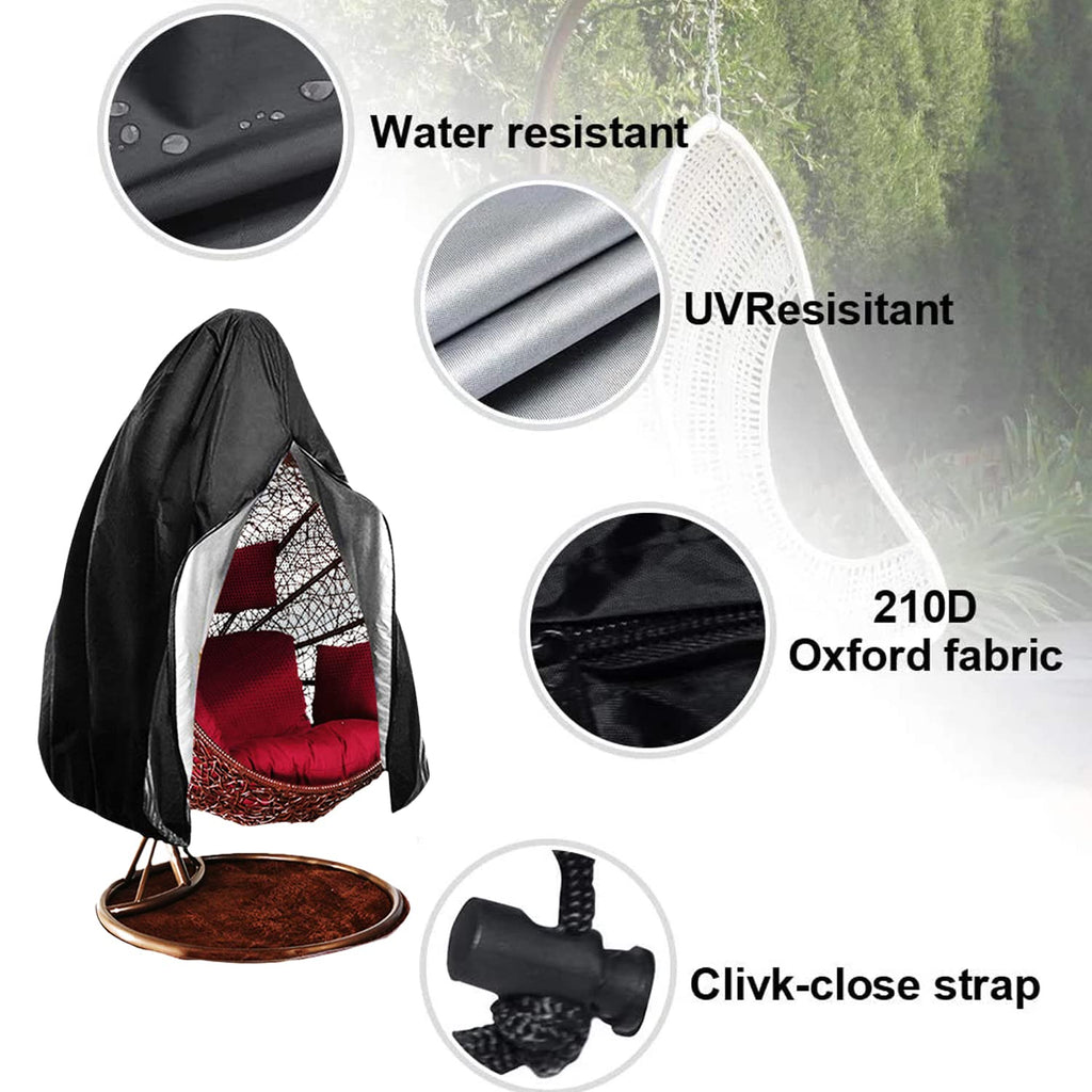 Egg Chair Cover, Patio Hanging Chair Cover Egg with Zipper, Waterproof Swing Chair Cover with Zipper Fits Most Outdoor Single Swing Egg Chair Dust Protector (75“H x 45" W, Black)