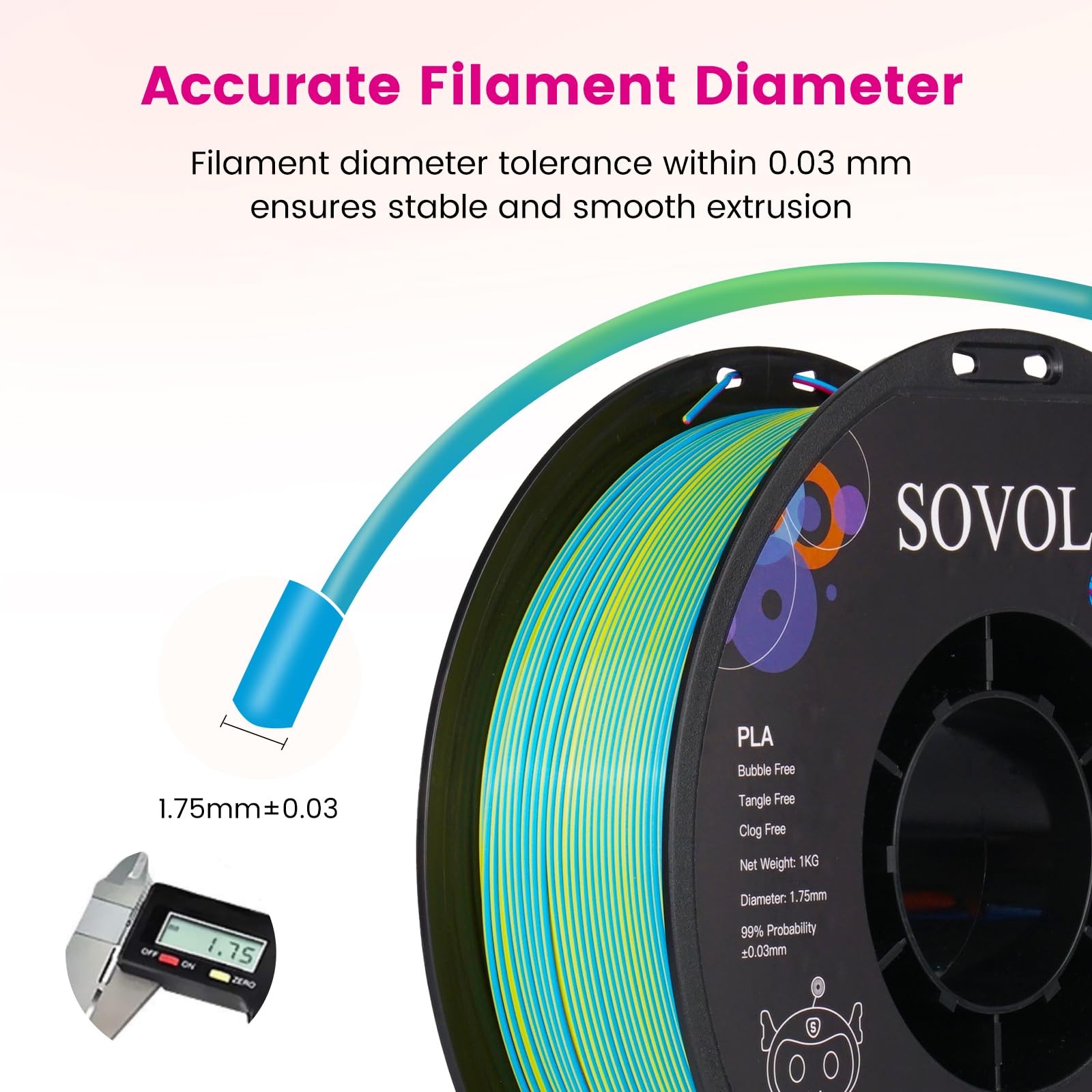 Sovol PLA Filament Silk Tri Color Co-Extrusion 1.75mm, 3D Printer Filament 1kg/ 2.2lbs, Shiny Silk Rose Blue Yellow 3 in 1 Coextrusion PLA Material +/-0.03mm