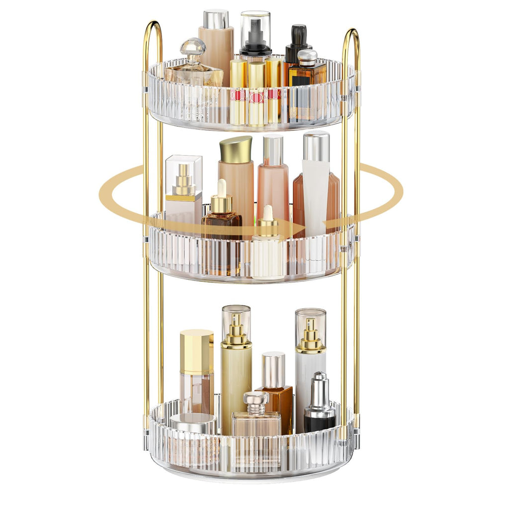Mokani 360 Rotating Makeup Organizer, 3 Tiers Perfume Organizer, Large Capacity Cosmetic Skincare Storage, Multi-Function Perfume Stand for Vanity, Bathroom and Bedroom, Clear