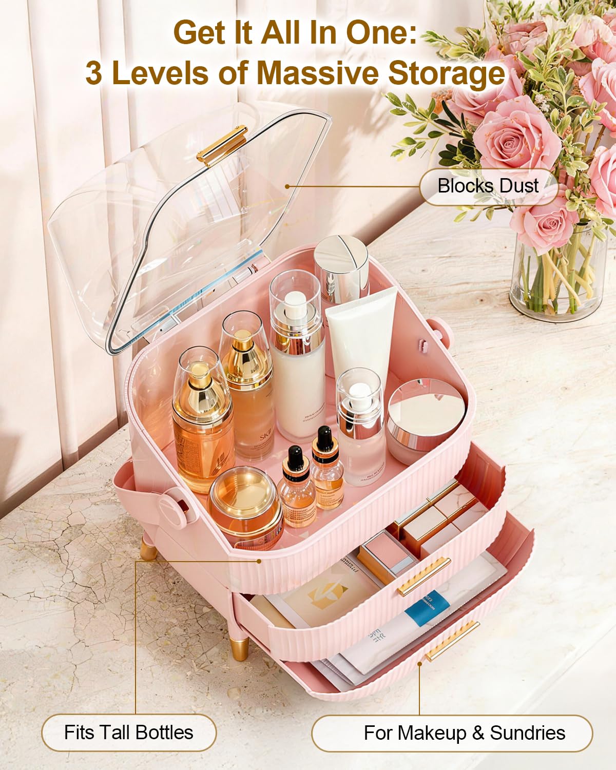 Makeup Skincare Organizer and Storage for Bathroom Vanity Countertop, Portable Travel Cosmetic Display Cases with Lid and Drawers, Gift for Women and Girls -Pink