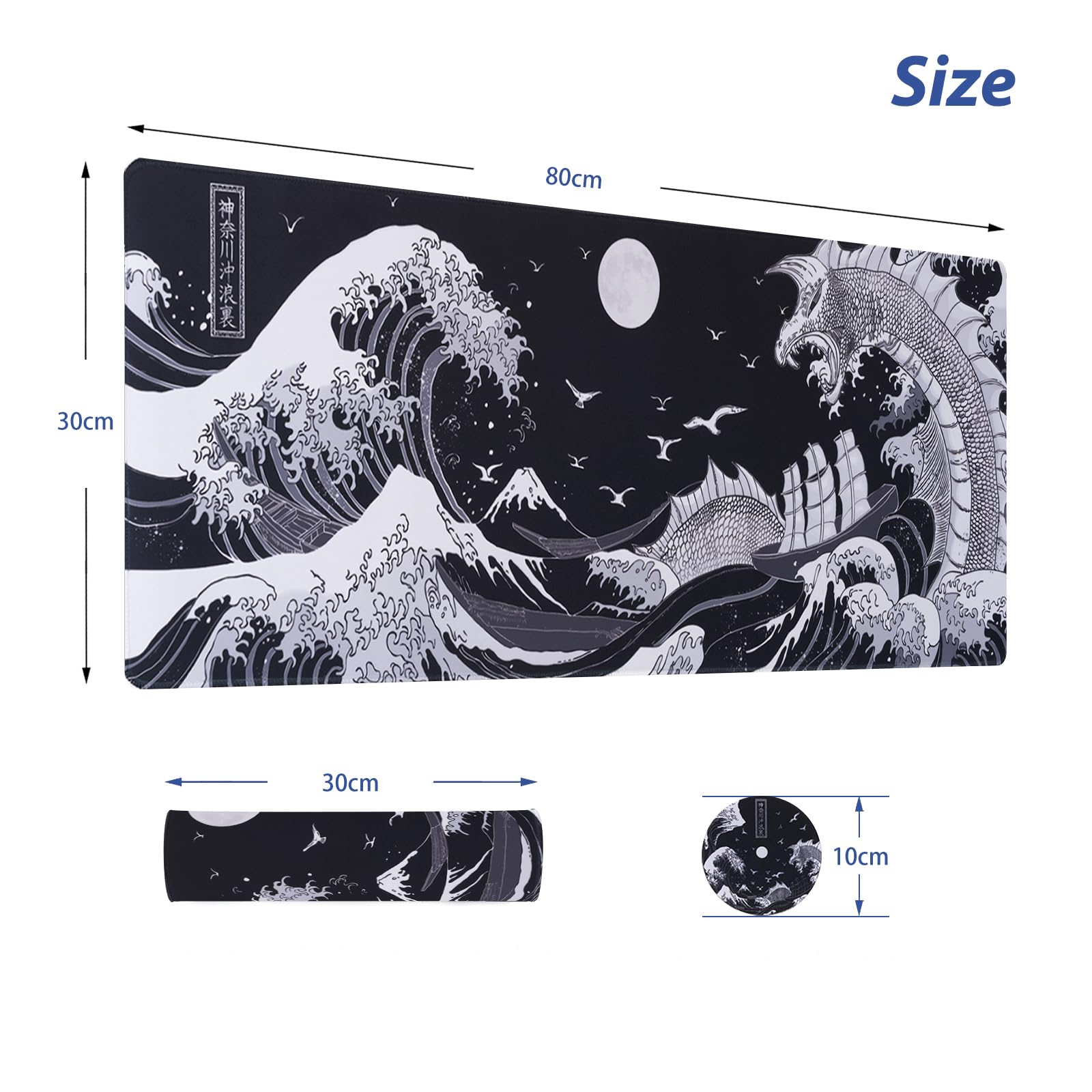 KuZaiALi Japanese Mount Fuji Cherry Blossoms Mouse Pad (Bouns: Coaster+Bag) 31.5x11.8 Inch 3mm Thick Extended Gaming Mousepad Non-Slip Water-Proof Keyboard Pad (Kanagawa Black)