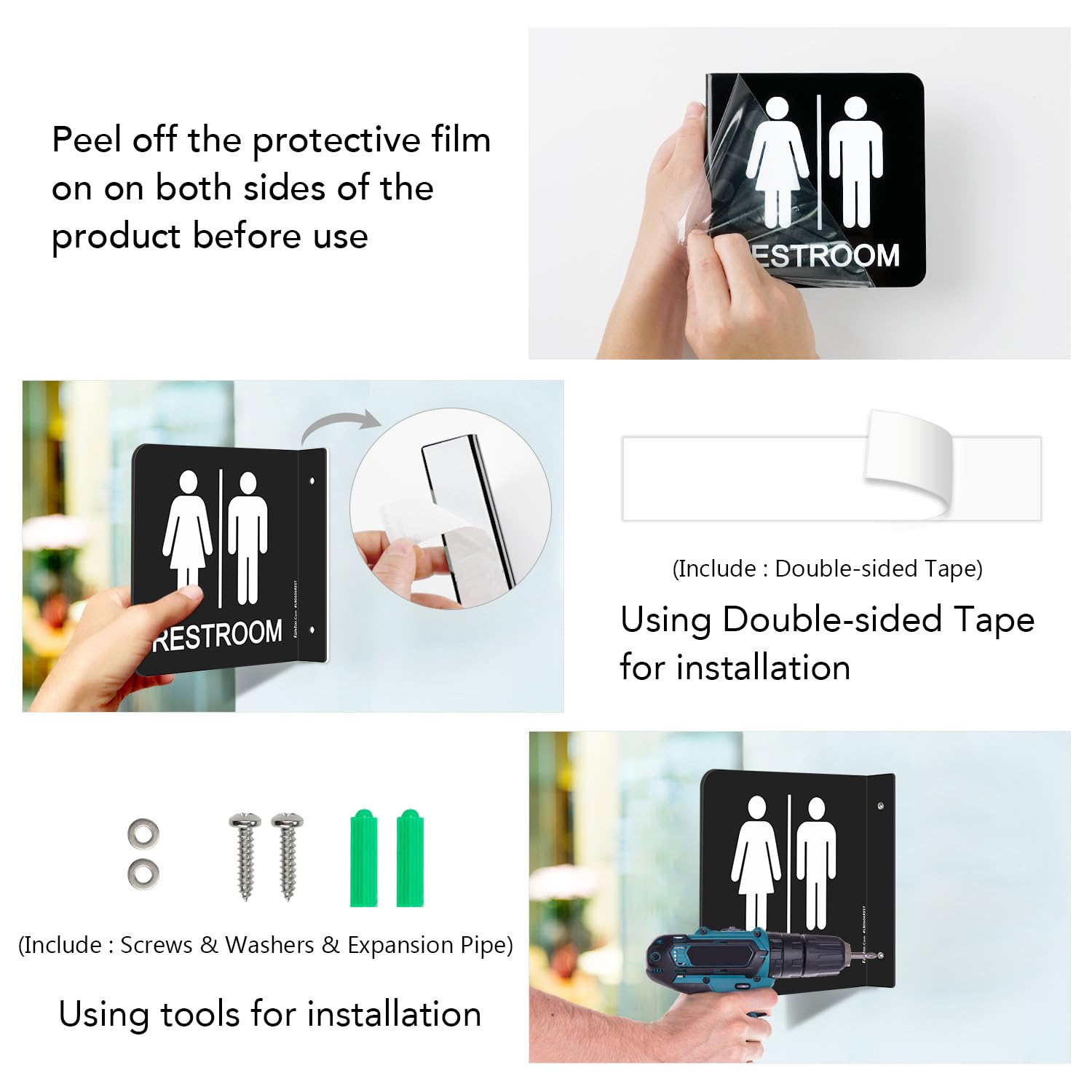 Faittoo Restroom Sign, Bathroom Signs, (2 Pack) 6 x 6 Inches Unisex Acrylic Sign, for Office or Business Bathroom and Toilet Door or Wall Decor, Indoor Outdoor Use (Black)