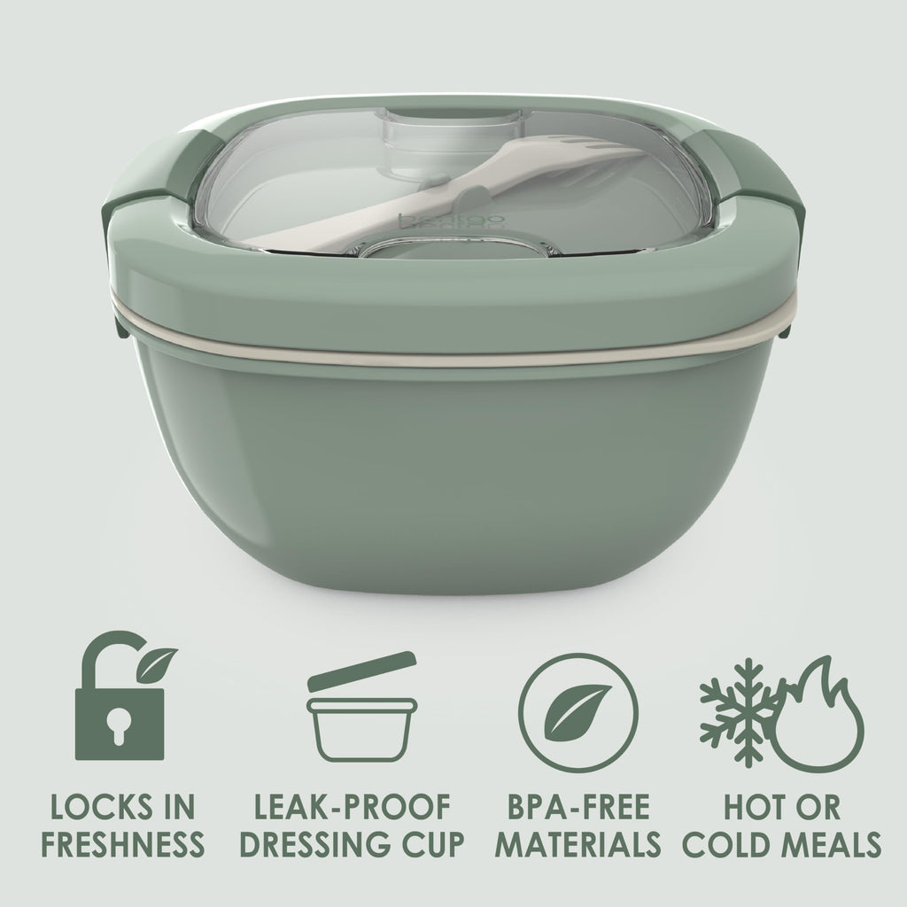 Bentgo Salad - Stackable Lunch Container with Large 54-oz Salad Bowl, 4-Compartment Bento-Style Tray for Toppings, 3-oz Sauce Container for Dressings, Built-in Reusable Fork & BPA-Free (Khaki Green)