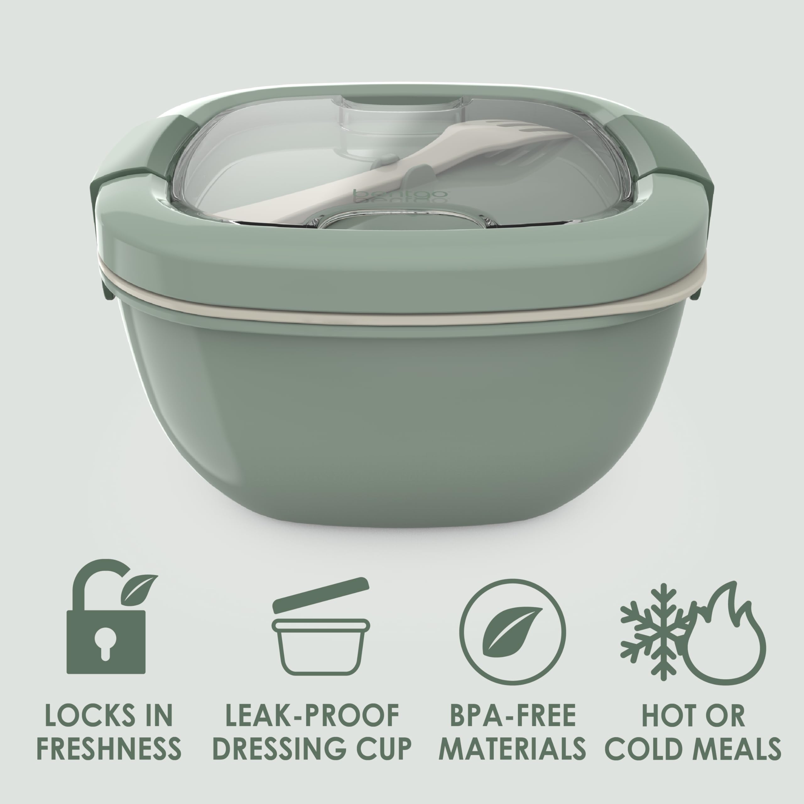 Bentgo Salad - Stackable Lunch Container with Large 54-oz Salad Bowl, 4-Compartment Bento-Style Tray for Toppings, 3-oz Sauce Container for Dressings, Built-in Reusable Fork & BPA-Free (Khaki Green)
