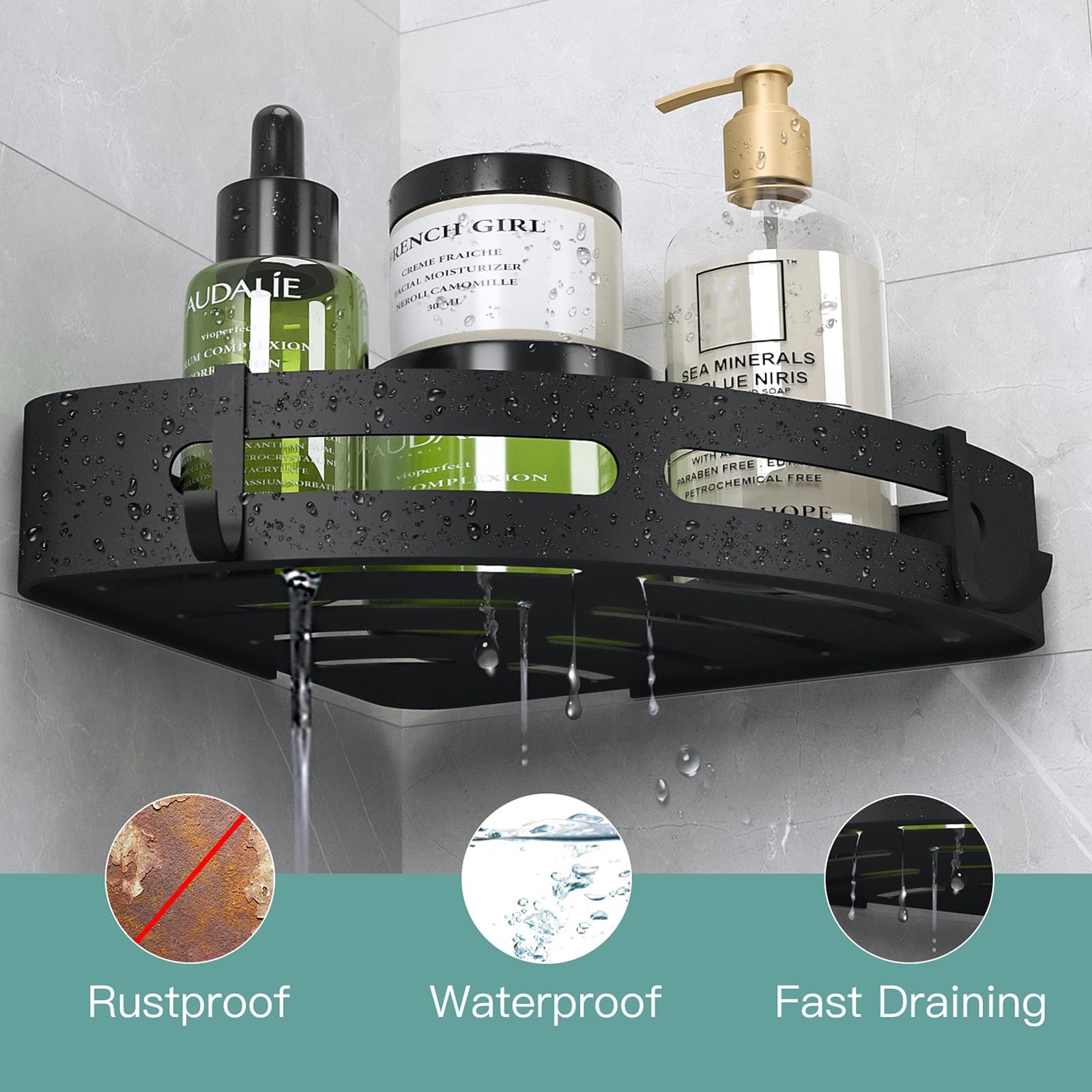 Mayhomy Shower Shelves Corner Caddy - 2 Piece No-Drill Shower Shelf Organizer, Adhesive Bathroom Shampoo Holder with 4 Hooks (Matte Black)