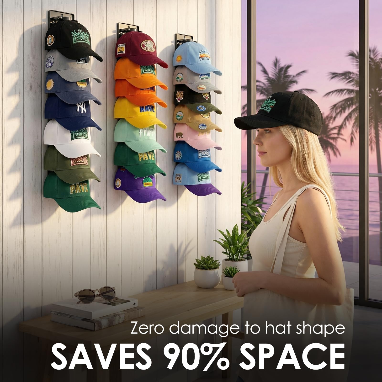 2 Pack Spring Clips Hat Organizer for Baseball Caps – Holds Up to 20 Hats Total (10 per Hook), Hat Rack for Wall Closet Door Entryway and Bedroom, Adhesive or Screw Installation (Black)