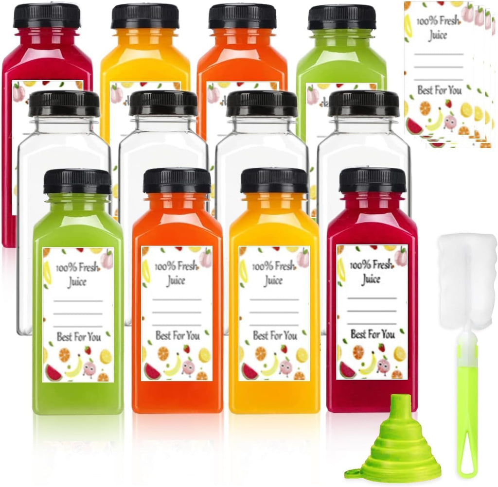 Plastic Juice Bottles with Caps 12 pcs, 12oz Reusable Juice Containers with Tamper Proof Lids Black, Clear Juice Bottles for Juicing, Milk, Smoothie, Drinking, and Other Beverages Christmas Gifts