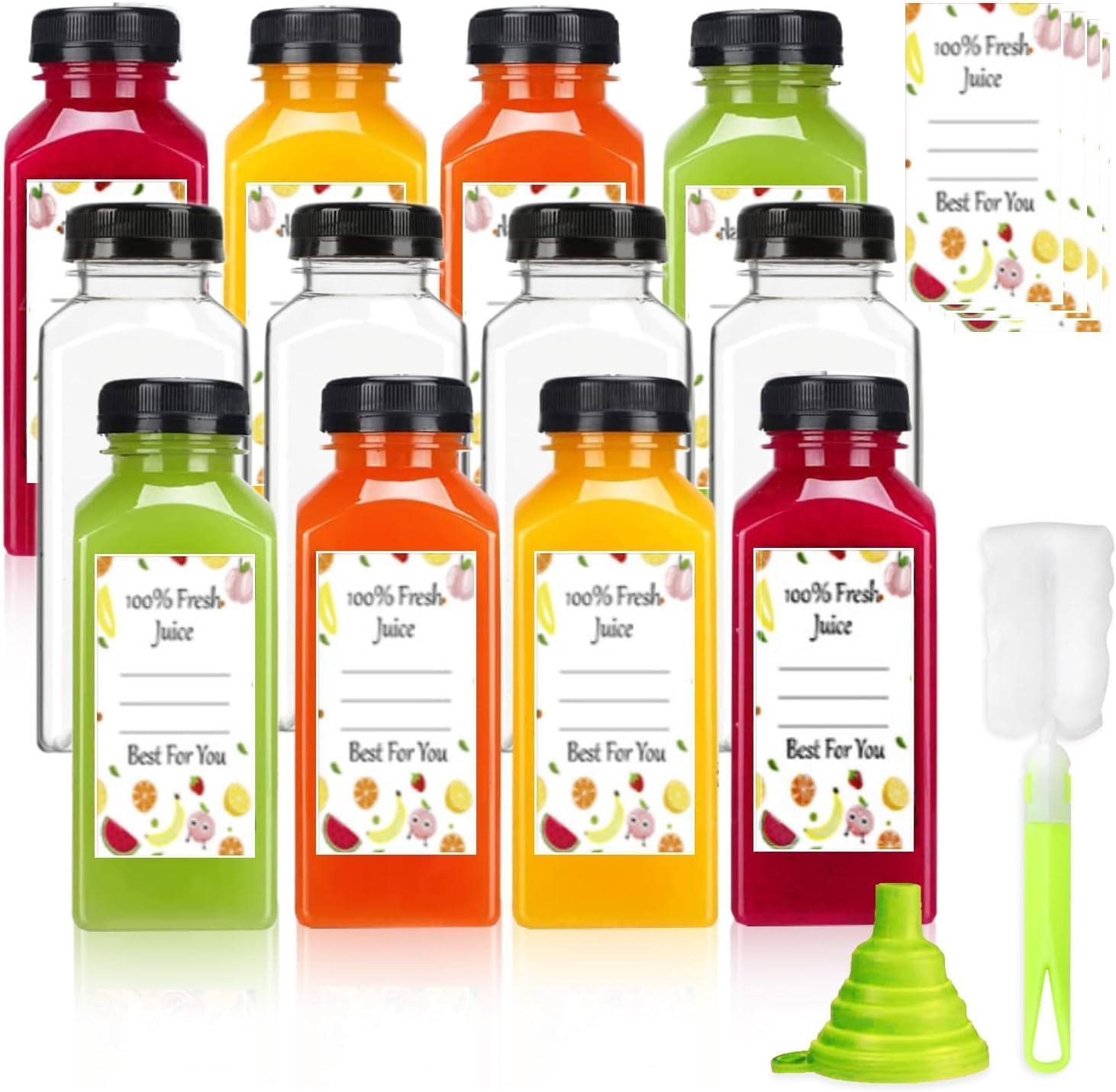Plastic Juice Bottles with Caps 12 pcs, 12oz Reusable Juice Containers with Tamper Proof Lids Black, Clear Juice Bottles for Juicing, Milk, Smoothie, Drinking, and Other Beverages Christmas Gifts