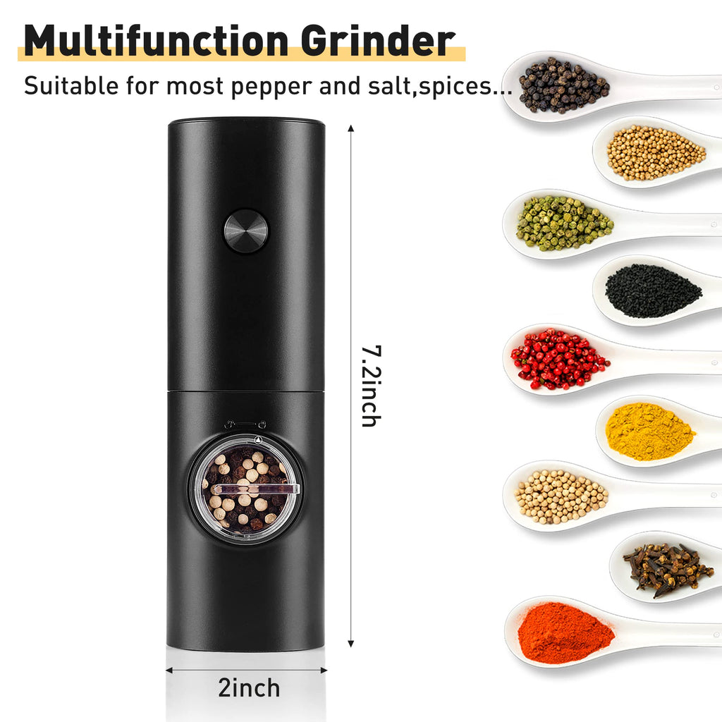 Gulex Electric Pepper Grinder or Salt Mill, Battery Powered Automatic Pepper Mill, Ceramic Grinder with Adjustable Coarseness, LED Light, One Hand Operation (1 pack)