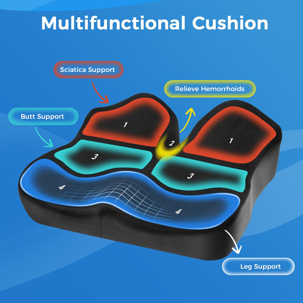 Ergonomic Memory Foam Seat Cushion – Tailbone & Lower Back, Coccyx Support, Office Chair & Car Seat Cushion, Travel & Wheelchair Pad, Breathable, Non-Slip Pressure Ease & Posture Support