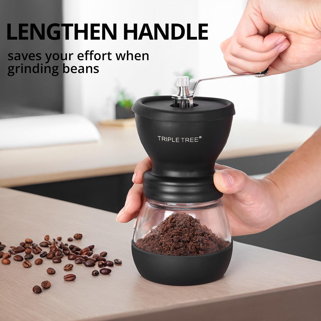 Manual Coffee Grinder with Ceramic Burrs and Lengthen Stainless Steel Handle, Hand Coffee Mill with 2 Glass Jars(11oz Each), Brush and Tablespoon Scoop, Coffee Bean Grinder for Camping, Black