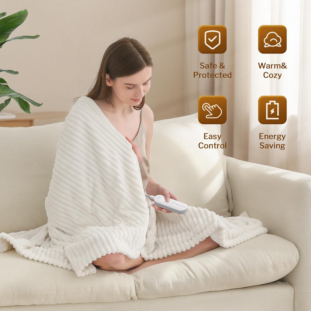 Reaks Electric Heated Throw Blanket, Silky Soft Flannel & Sherpa Heating Blanket Throw with 5 Heat Levels & 3 Hours Auto Off, Warm Gifts for Women Mom Grandma, ETL Certified (50x60 inches, White)